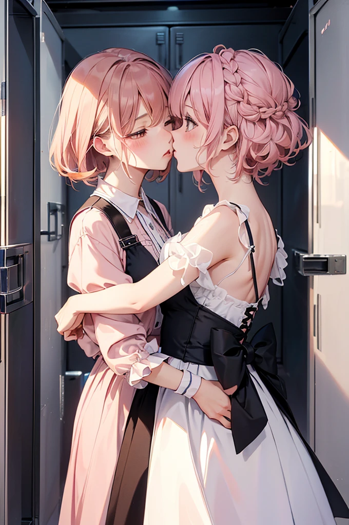 Anime - stylistic image of bride and groom kissing in front of a mirror, Guviz-style artwork, kissing together cutely, Guviz, Guweiz in Pixiv ArtStation, two beautiful anime girls, Guweiz on ArtStation Pixiv, kissing together, Kissing each other, guweiz masterpiece, Anime girls