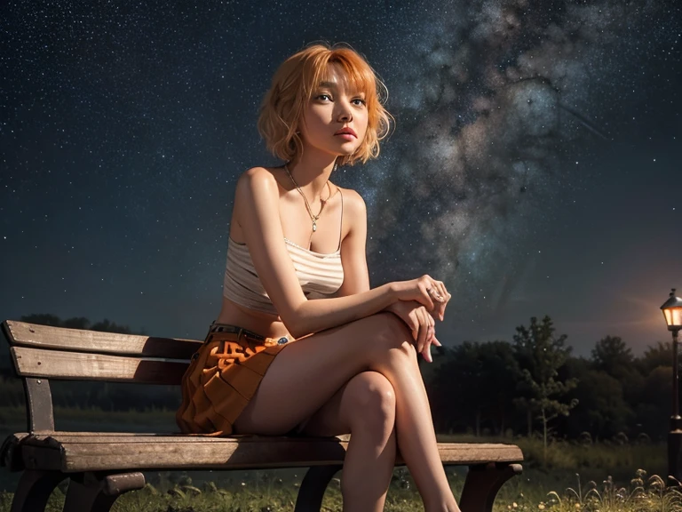 12 year old girl, short white hair, Very curly, Skinny body, small bust, naked, lying down, two hands, shows her legs, sitting on a hill at night, very starry sky, few trees, flowers illuminating, next to her a small white fox, she very pretty.