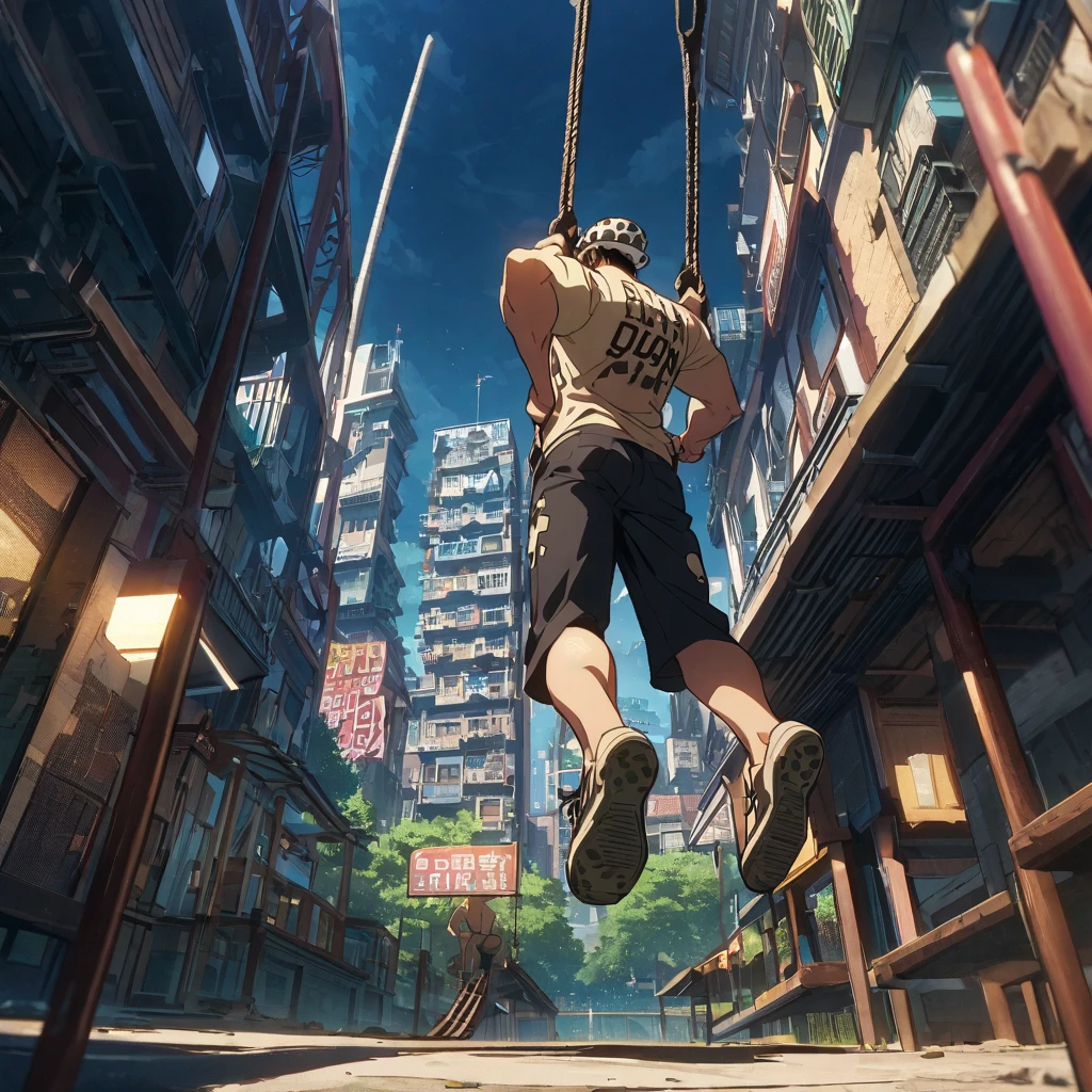 Large viewing angle, frightened man, mtu, Panic Disorder, environment, in dilapidated state, dangling，pull rope, torn outfit, nets, ropes, ligne,