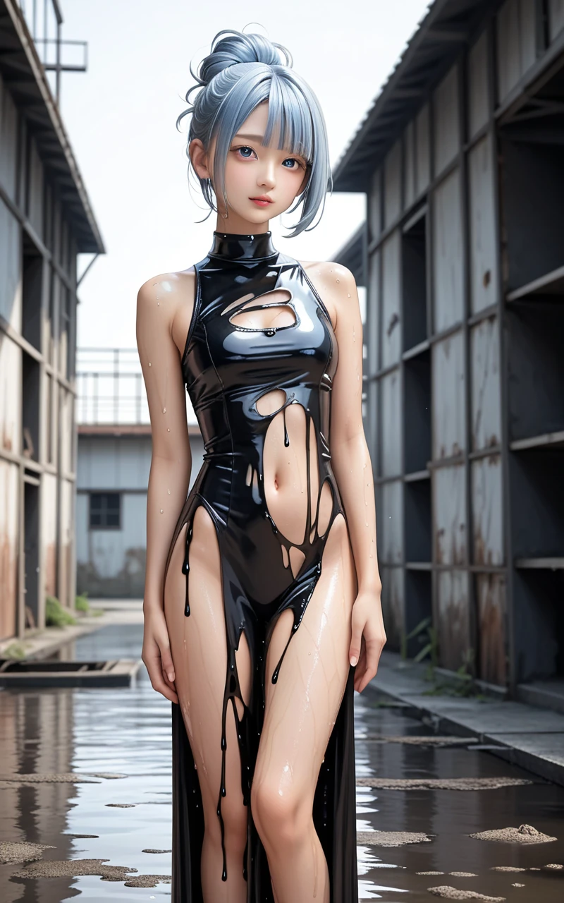 8K, Top Quality, Intricate Details, Ultra Detail, Ultra High Resolution, Masterpiece, close up shot, (full body: 1.1), Slender, Smile, (Makeup: 0.4), (walking), (Fluffy  Eyes: 1.21), ((bangs)), 1girl, solo, 1 girl, (((blue hair, bangs, long hair, , blue eyes)), (()), close up shot, , ((tall)), (((fit body))), (((slim face))), sharp face, (( torn ripped spiderman suit, ripped torn spiderman suit, no bra, no panties, no inwear, no underwear, braless)) , (detailed face), sharp face, small lips, ( walking), walk pose, walking pose, 
 ((, in the rain, shimmering skin, she's soaking wet, (her hair is (dripping wet:1.2), long wet hair, Her wet drenched hair, wet hair, water on the body )), , ((,)), detailed face, detailed breast, large breast, huge breast, (( )), detail ass, Narrow Waist, Skinny, tall , 175 cm tall, Muscular, Navel, Exposed Abdomen, Pointed Chest,, Beautiful girl with accentuated slender abs: 1.4, Six Pack Abs: 1.4,, Perfect Body, detail leg, (( dark background)), black background,