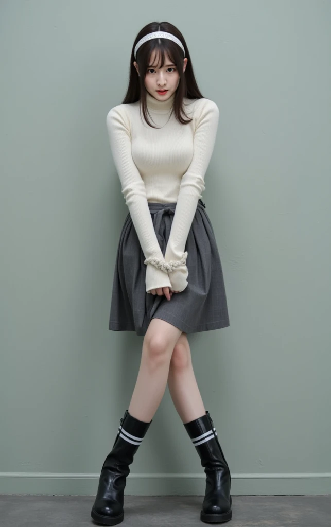 Embrace, 1 Girl, Solitary, Gray background, Medium breasts, skirt,