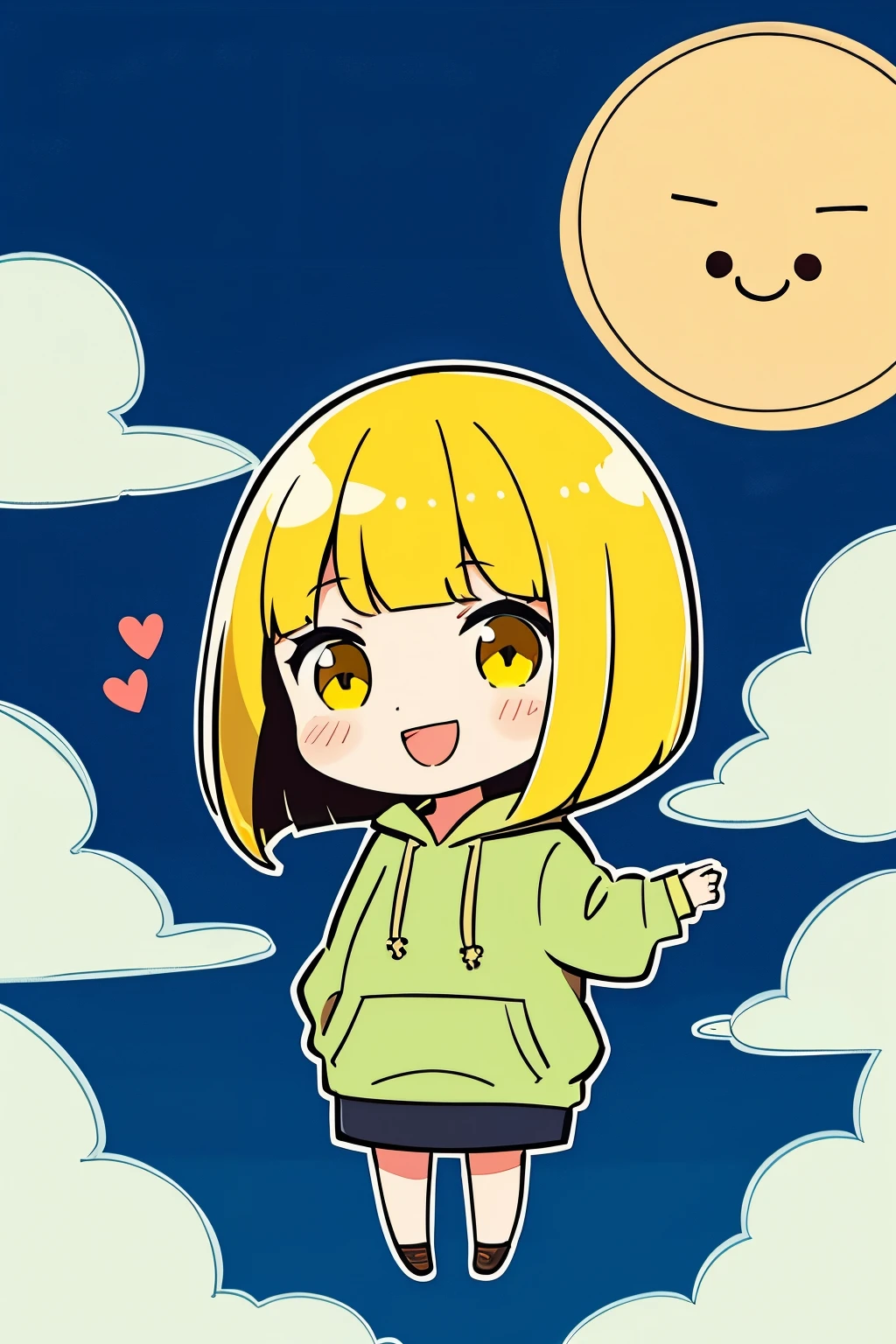 2D, cute, CHIBI, Looking at the audience,
One Girl, alone,
(yellow hair, bob cut) and (yellow eyes),
hoodie, whole body, happy, heartwarming, floating above the clouds,
(illustration:1.2), very wide shot, (line drawing:1.2), {{only five fingers}}