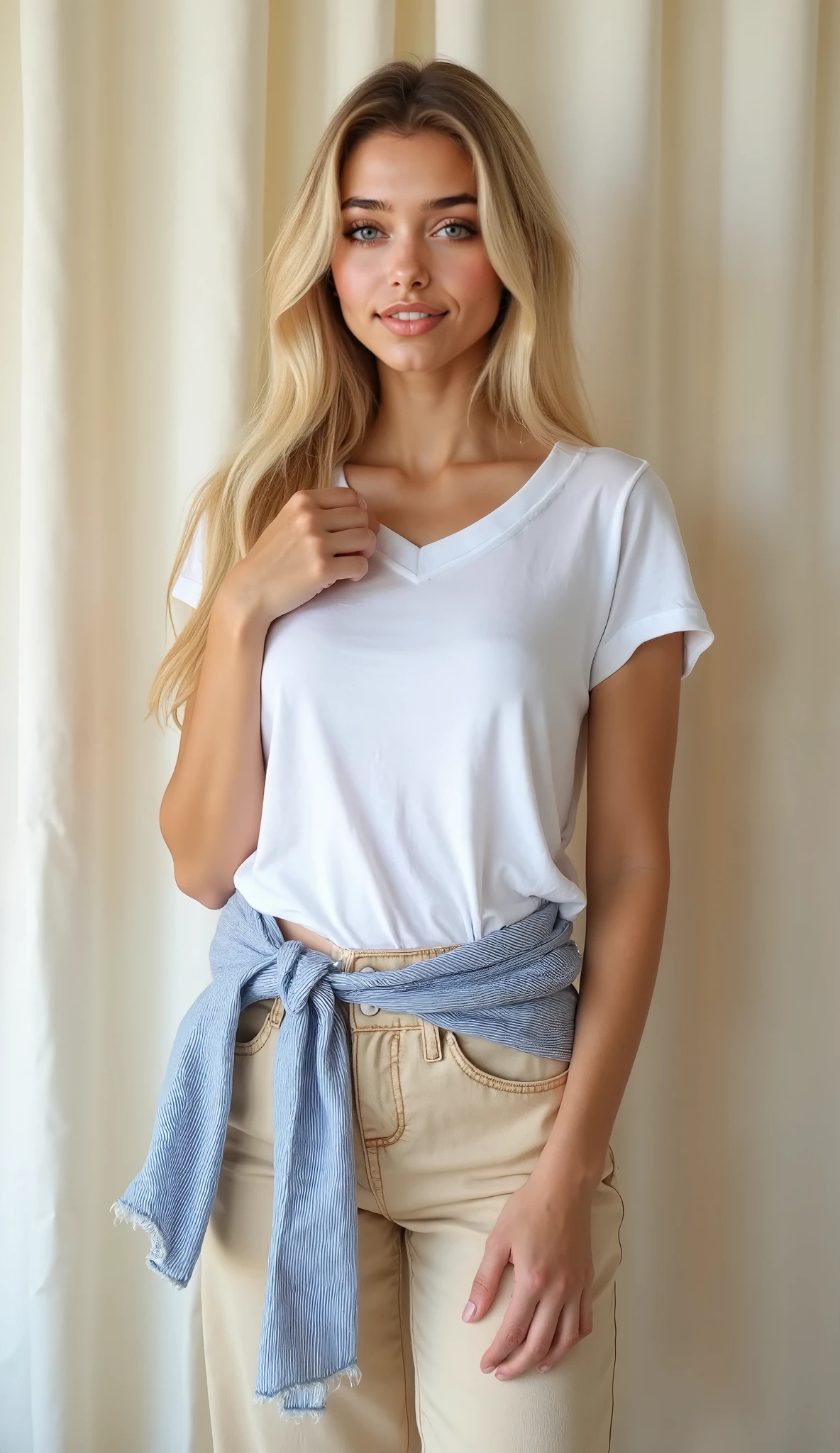 Arafed woman in white shirt and tan pants posing for a picture - SeaArt AI