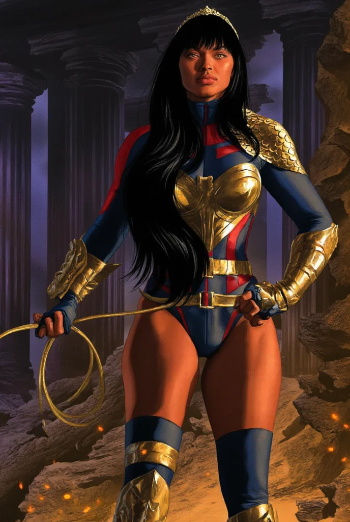 Create an image of a powerful and confident African-American woman with long flowing dark hair, standing tall at 6 feet tall. She has a statuesque and athletic build, with sculpted muscles and a commanding presence. Her skin is a rich shade of brown, glowing with health and vitality.
Dressed in a sleek and stylish wrestling outfit that accentuates her curves, she exudes strength and grace. Adorned with shimmering gold accessories that catch the light, she looks every bit the fierce warrior.
Her face is strikingly beautiful, with high cheekbones, a strong jawline, and piercing eyes that seem to see right through you. A determined expression plays on her full lips, hinting at the formidable force of nature that she is.
In the background, a wrestling ring is visible, hinting at her prowess as a professional wrestler. The atmosphere is charged with energy and anticipation, capturing the essence of this dynamic and charismatic athlete. The image should convey power, confidence, and undeniable charisma, embodying the essence of Jade Cargill."