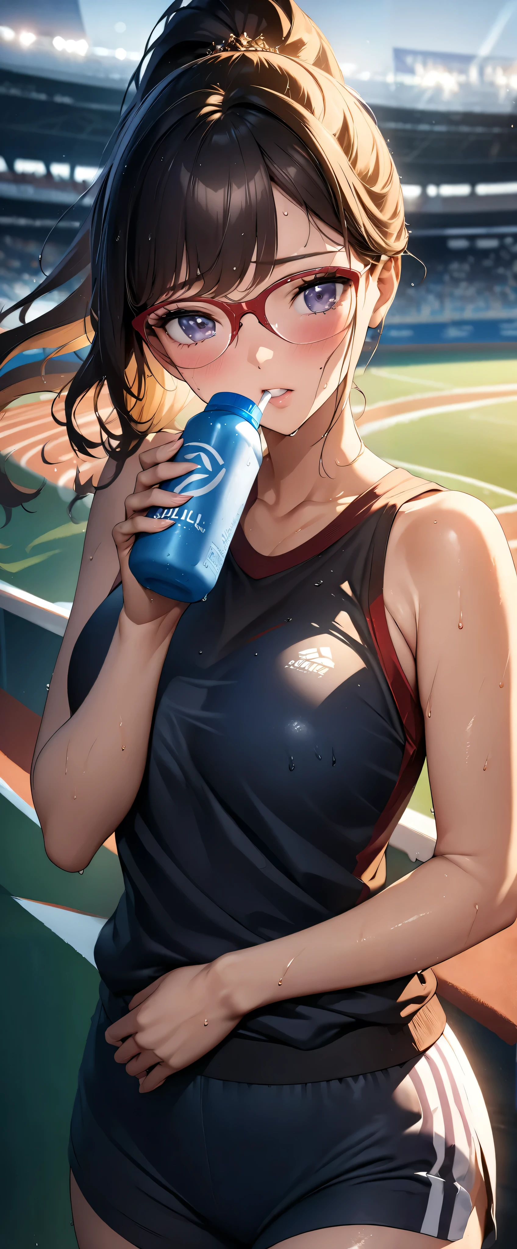 ((( Masterpiece)))、(( top quality))、( super detailed)、(CG illustration)、(Very beautiful woman))、 cinematic light 、((1 Female))、 、(Beautiful and luxurious:1.2)、( One Woman :1.3)Sports Stadium,,((Sleeveless track and field athletes ), I'm sweaty,Beautiful ponytail, Right Ratio between People and Bicycles ,Glasses