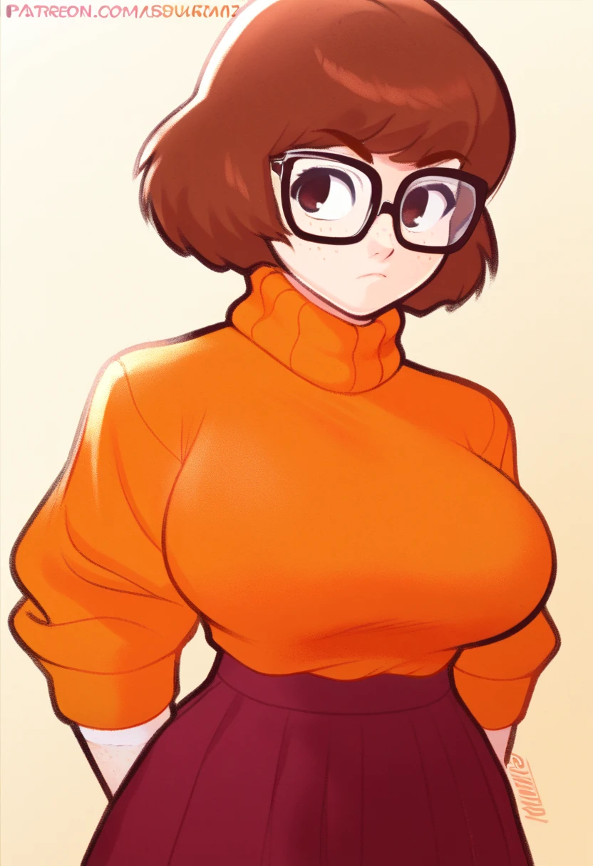 score_9, score_7_up 1girl, solo, velma dace dinkley, sweater, lips, glasses, looking at viewer, freckles, portrait, mature female, large breasts,