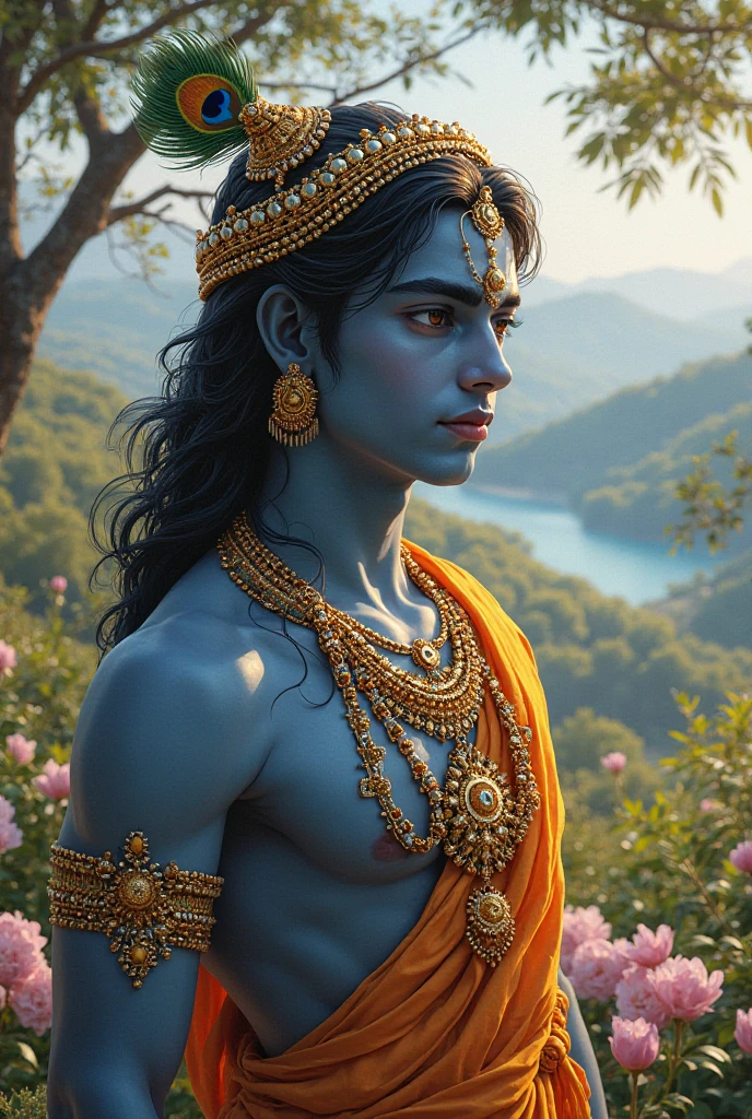 Lord Krishan,full dody ash blue, golden tiara crown with a single peacock feather, wearing saffron robe, amber gold blue dust, dreamy environment, divine look