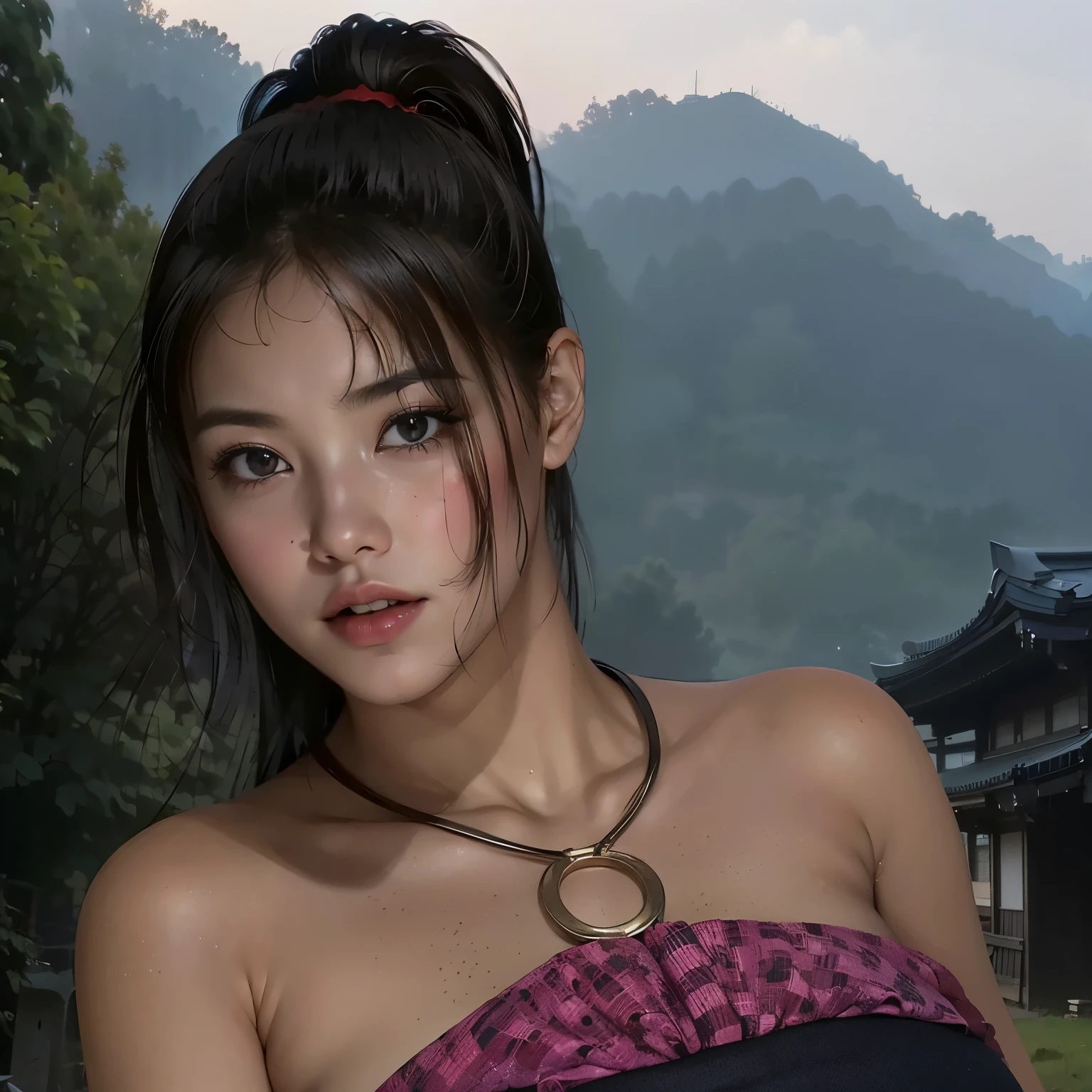 (RAW photo), (huge breasts:1.0), (sharp focus: 1.5), (ultra detailed), (intricate details), (shiny skin:1.5), (oil skin:1.0), (best quality, highres, high resolution:1.5), (upper body portrait:1.5), (photorealistic: 1.37), (ultra realistic,32k), (high detailed skin:1.1),(high quality:1.1), expressive eyes, perfect face Beautiful woman cartoon, cartoon  cute anime, Beautiful Japanese kimono, There  a dragon embroidery on the kimono. kimono colour  black and red, very long hair, hair colour blond, hair style  ponytail, single eyelids, eye style  hooded and sultry and deep set and captivating and enigmatic, Facial expression  smile, situation  beautiful image.