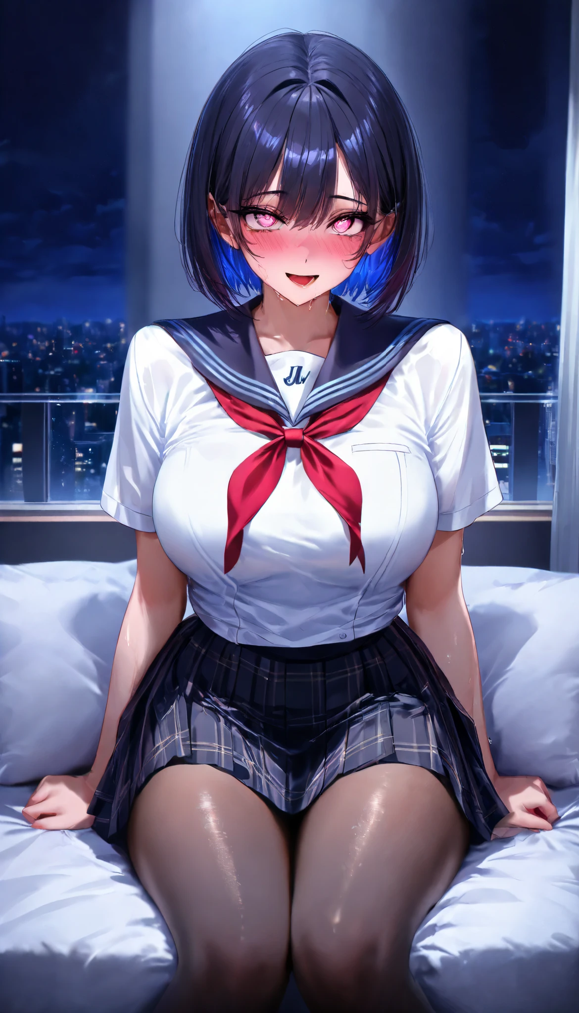 SOLO, A Female ,Perfect body, Sweaty skin, (colored inner hair, short hair), Pink eye, Heart-shaped pupils, Sitting on a Lux Sofa Near the window, (Wearing A White Short sleeves JK Uniform), Black Silk pantyhose, In A Apartment room, Torogao, Yandere, Midnight, UHD, anatomically correct, masterpiece, textured skin, high details, highres, 1080P, 16k, accurate, textured skin, best quality, Beautiful face, Perfect face, Highly detailed beautiful face and eyes, Attractive face, Detailed face, Delicate facial features, Detailed skin,Upper Focus