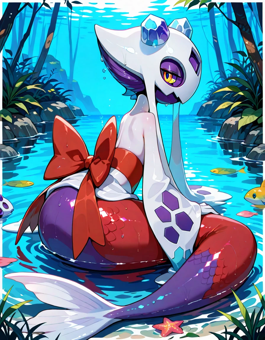 Pink-haired girl is playing in the sea with a swimming ring
