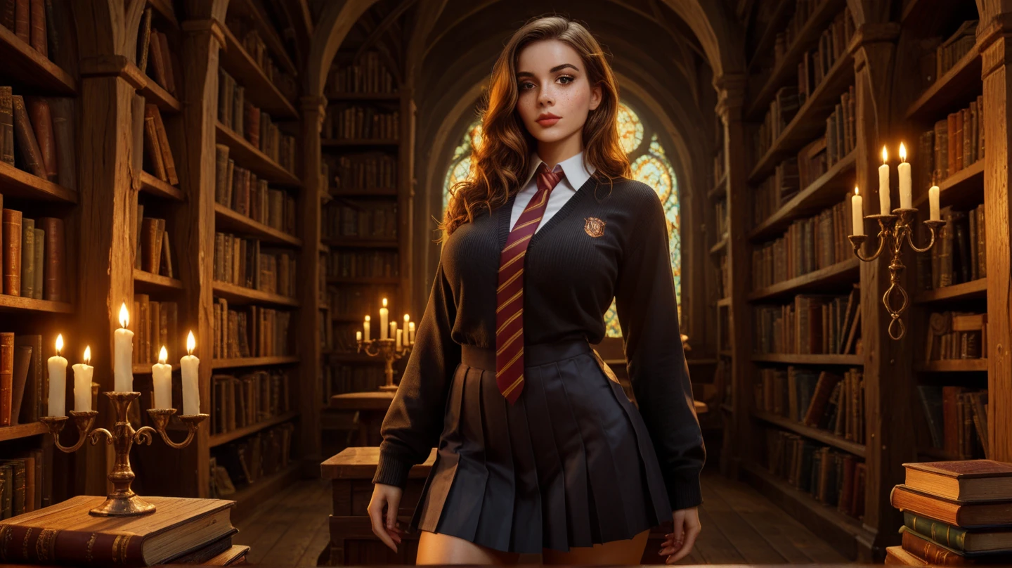 
"Hermione Granger standing confidently in a Hogwarts room, dressed as a schoolgirl, very erotic, with a mini skirt, open blouse, you can see her bra and her round breasts, her hair is light brown, long and wavy, she is holding a book in one hand, with a wand in the other, ready to cast a spell. The room is filled with shelves of ancient books, glowing candles, and magical artifacts, capturing the mystical atmosphere of Hogwarts. The colors of her uniform represent her house, Gryffindor. , with red and gold details.
