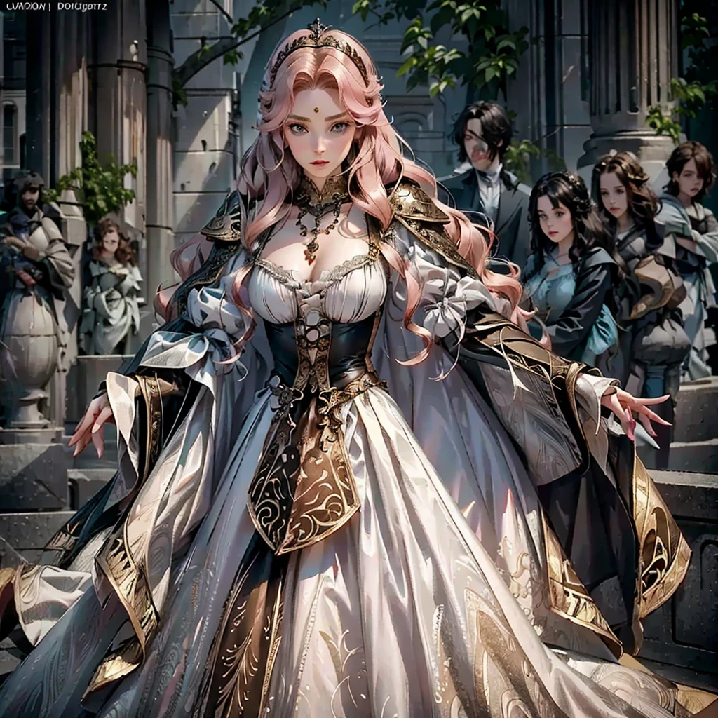 (masterpiece:1.5, best quality:1.5), realistic, (hyper realistic:1.5), (photo realistic:1.5), (real picture, intricate details), looking at viewer, (8k wallpaper:1.5) (from knee to head:1.15), (detailed face:1.5), (detailed eyes:1.5), (sharp photo),highly detailed, ultra-detailed, ultra high res, (strong depth of field:1.5), (lot of crowd:1.3)
two beautiful female idols, (Judy has pink hair at left) and (Amy has brown ponytail at right), elegant, ultra detailed, (wet) and (sailor uniform mini-skirt), (masterpiece, delicate skin in side profile,
Style - Fantasy, Realisitc
Locate - Crowded street in a town or city
Background - A typical 15th century English town or cityscape with buildings and people
Subject - two young queen, around 20 years old, with a regal and determined appearance
View - A frontal or slightly tilted view of the queen, surrounded by a large crowd of people, with some important officials or guards beside her
Appearance - The queen is dressed in a regal and elegant gown, with a crown or a tiara on her head, and some royal jewelry.
Outfit - A long gown with intricate designs, made of luxurious fabric, with a train that follows behind her.
Pose - She is walking forward, with her head held high and her gaze fixed straight ahead, showing confidence and determination.
Details - The crowd behind her can be shown in different poses, with some people bowing or saluting her, while others are cheering or waving flags.
Effects - A sense of motion can be created by showing the queen's gown and hair flowing in the wind, and the crowd in motion around her.
Description - The artwork portrays a young queen on a royal procession, marching among a large and diverse crowd of people, with a determined expression on her face. The 15th century English town or cityscape in the background adds to the historical feel of the artwork, and the regal attire and jewelry of the queen add to the elegance and grandeur of the overall scene.
