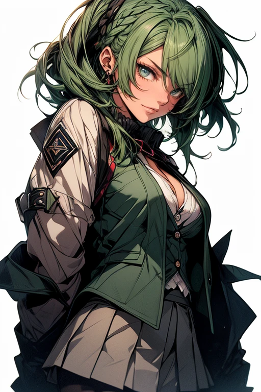 Girl with long green hair down to her knees, light blue eyes, White skin, small mole on your right cheekbone, big breasts, thin waist, big hips, white blouse, brown jacket, black skirt , military style boots, survivor in a zombie apocalypse.