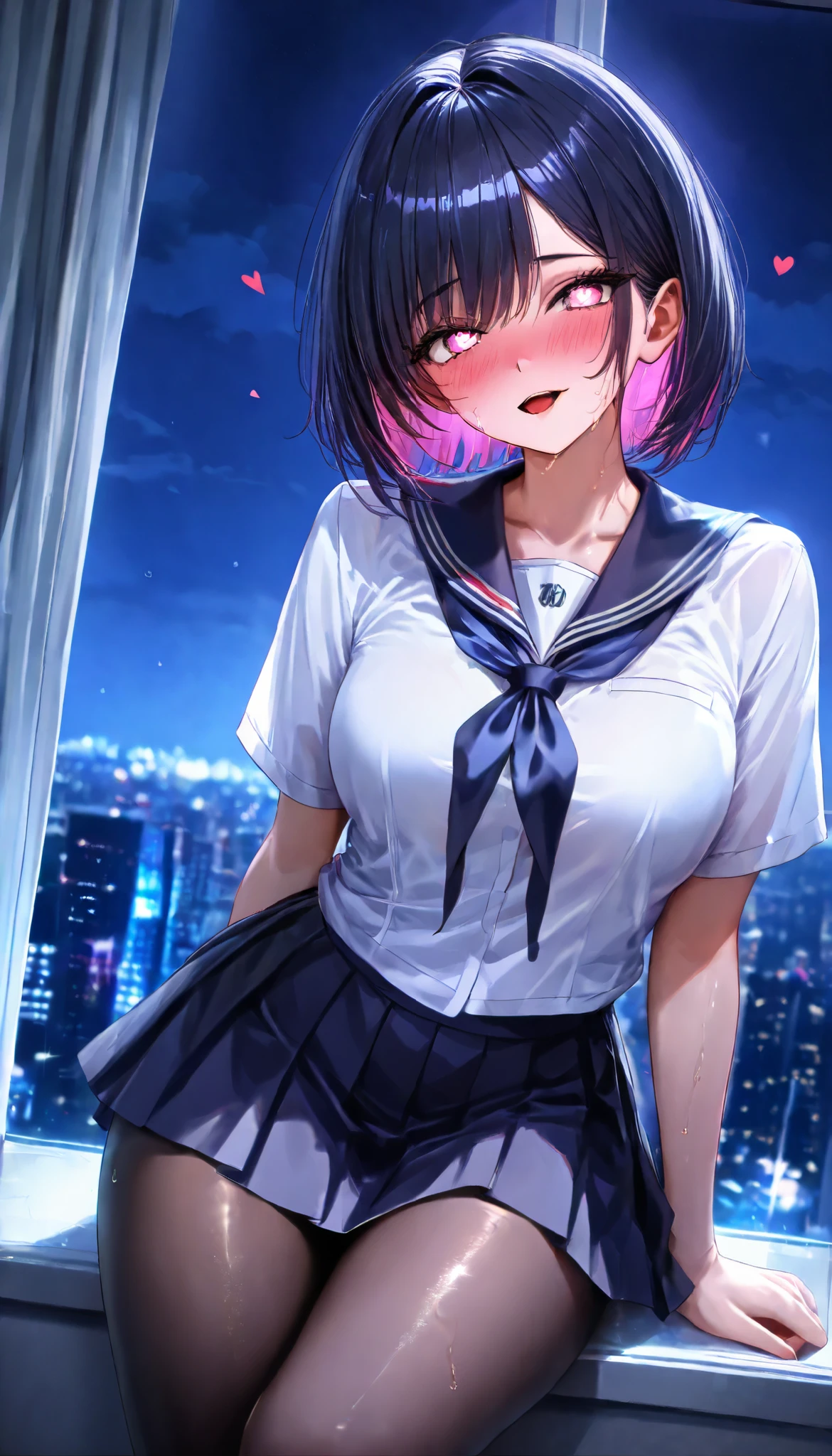 SOLO, A Female ,Perfect body , Sweaty skin, (colored inner hair, short hair), Pink eye, Heart-shaped pupils, Sitting on a Lux Sofa Near the window, (Wearing A White Short sleeves JK Uniform), Black Silk pantyhose, In A Apartment room, Torogao, Yandere, Midnight, UHD, anatomically correct, masterpiece, textured skin, high details, highres, 1080P, 16k, accurate, textured skin, best quality, Beautiful face, Perfect face, Highly detailed beautiful face and eyes, Attractive face, Detailed face, Delicate facial features, Detailed skin,Cowboy shot