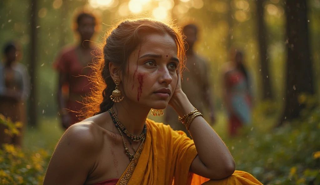 (Hyperrealistic photo, Ultra Detailed, (( ), ( Indian girl), Raw, tmasterpiece), beautiful morning sunlight, , morning light , ominous red reflections in the distance. Sunlight, Bokeh, Dark ritual, ( sitting position), when (A woman drowns in a bog). She wears nothing but a sargon on her waist, naked chest), redness of a sweaty face. She has medium-length hair, The face expresses a mixture of happiness and intense ecstasy. The woman is desperately trying to reach the surface, sitting in surface, but the mud is pulling her down, , , , cute face, man grabbing her from behind,