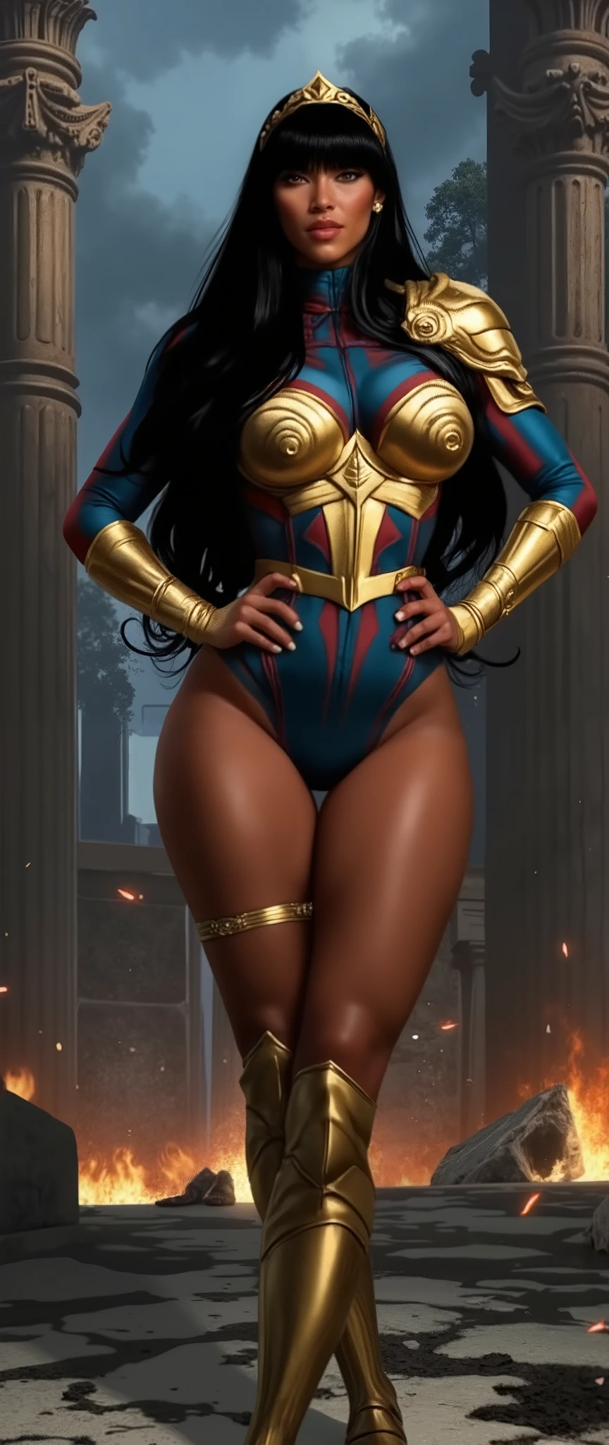 score_9, score_8_up, score_7_up, volumetric lighting, dynamic shading, 1girl, Yara Flor, dark skinned female, female is native Brazilian, blue leotard, knee high boots, amber eyes, tiara, tight clothing, golden chestplate armor, (cameltoe:.5),golden armband, golden pauldron, long black hair, blunt bangs, large breasts, skin indentation, eye contact, outdoors, ancient greek city, in ruins, fires, dynamic angle, moody lighting, flouting, suggestive pose, professional lighting, ultra realistic, hands on hips, hands on waist,