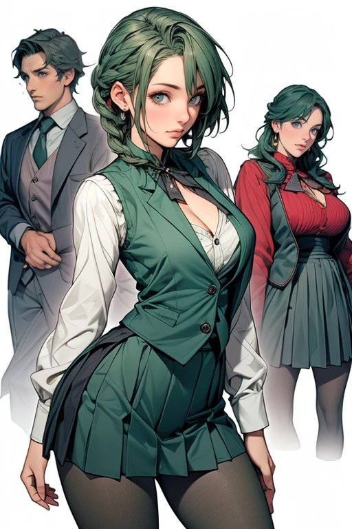 (cowboy shot: 1.5), (white background, simple background: 1.5), (masterpiece:1.5), (big breasts: 1.5), (1 girl: 1.5), young woman, (Beautiful Girl:1.5), (extremely detailed and delicate anime face and eyes:1.5), whole body, (natural light, HDR, extremely details CG:1.3), (dynamic posture:1.3), {correct body anatomy}, (wide hips: 1.3), (perfect hands: 1.5), single focus, toned body, Beautiful Lips, thick lips, {surreal}, {correct posture}, {minutes details}, {detailed body}, {detailed clothing}, (Bright Eyes: 1.3), (cleavage: 1.3), {accessories}, {sexy}, (school uniform: 1.5), high school student outfit, (school jacket: 1.5), long sleeves jacket, (open jacket: 1.3), short skirt, (pleated short skirt: 1.3), (thigh-high legwear: 1.3), (black legwear: 1.5), (lace collar with tie: 1.3), ribbon tie, (high heel boots: 1.3), earrings, necklace, hairclip, (medium long hair: 1.5), (two-tone hair: 1.5), (dark green hair with purple streaks: 1.5), glowing hair, (quiff: 1.5), (bright lilac eyes: 1.3),