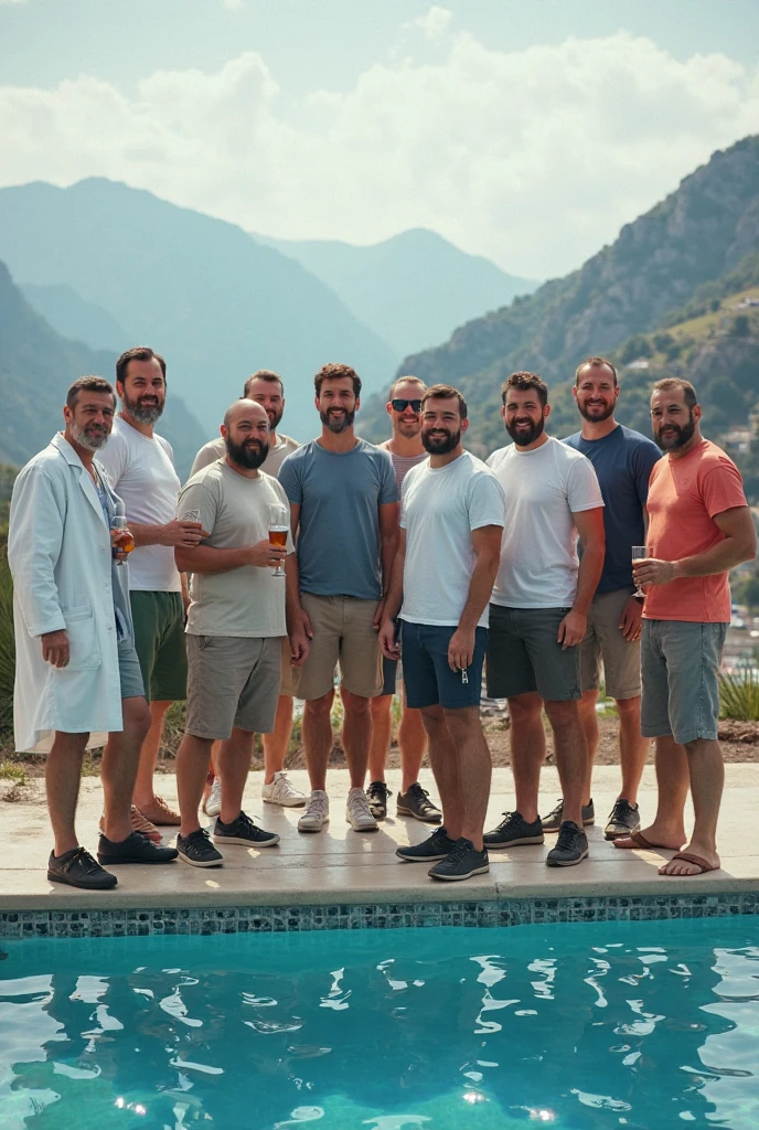 there is a man that is standing by a pool with a cell phone, 3 6 years old, 38 years old, 3 5 years old, 35 years old, 3 2 years old, (38 years old), about 3 5 years old, 4 0 years old man, 4 5 yo, 45 years old men, next to a pool