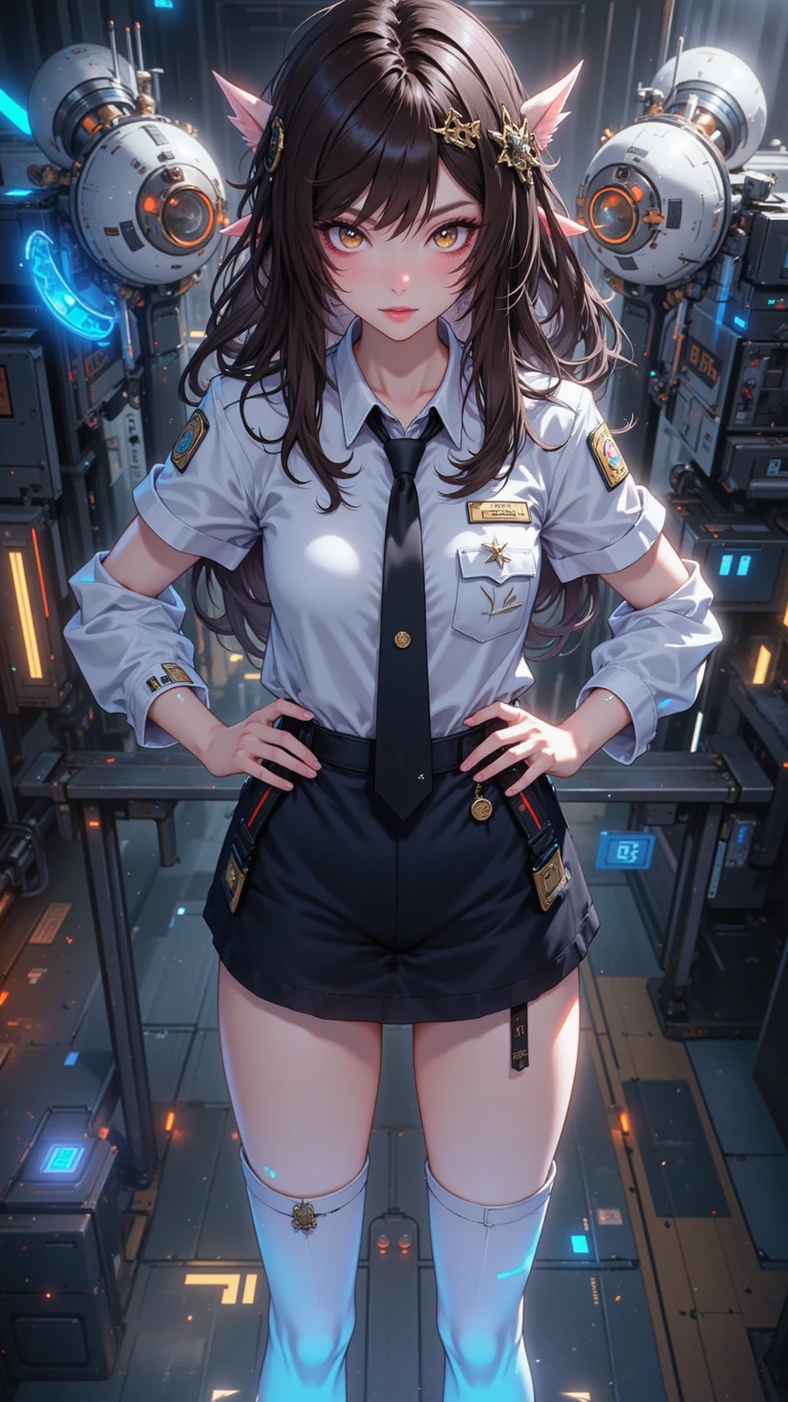from below, standing open legs, arms crossed, intelligent beauty, black glasses, anime, manga, illustration, light blue underwear, black knee-high socks, white open-chested cardigan, black flare miniskirt, high heels, light brown glossy flowing layered bob cut, sparkling glossy blue big eyes, glossy red lips, abs, great proportion, full body, high resolution, best quality, very high image quality, ultra detailed, hyper realistic