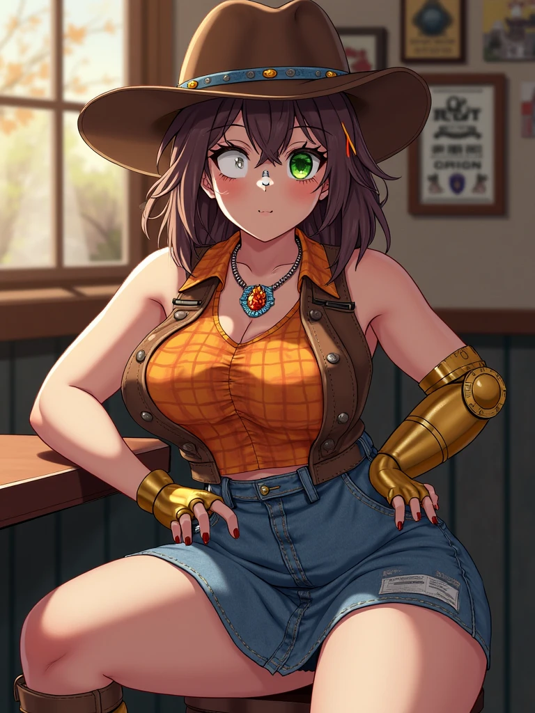 1girl, solo, short hair, brown hair, green eyes, necklace, yellow dress, zipper, wristband, jewelry, boots, sitting, sweat, fence, outdoors, desert, cactus, smile, finger on hat, cowboy hat  <lora:Selphie:1>, score_9, score_8_up, score_7_up, score_6_up, score_5_up, score_4_up, BREAK source_anime, masterpiece