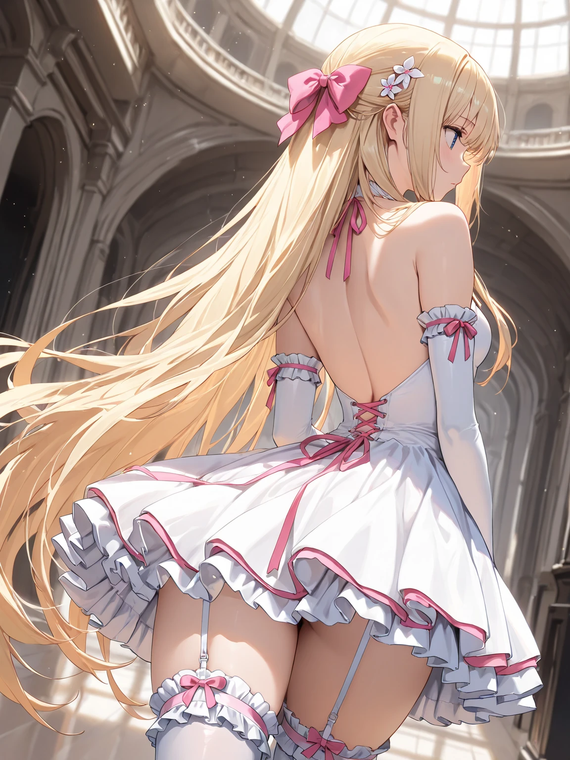 masterpiece, best quality, 1girl, very curly hair, blonde hair, shiny hair, tiara, diadem, medium breasts, glossy lips, good lighting, latifa fleuranza, standing, looking back at viewer, ballerina, tutu, white pantyhose