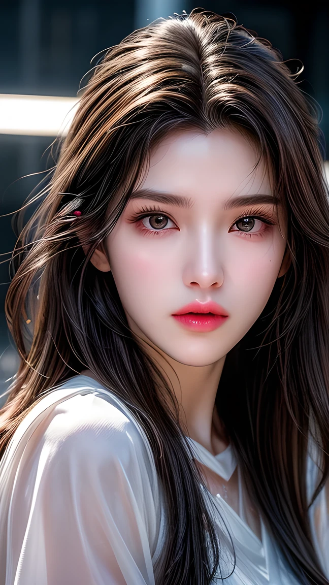A photo of a 25 year old European girl posing, born, beautiful woman, ( extra long wavy brown hair ), ((portrait)), ((Familiar Face:1.2)), ((familiar facial features)), (finely familiar skin), White Skin, ( White Skirt ), Cyberpunk urban environment , ( cool colorist , wet, reflection masterpiece ) (Perfect proportions)( realistic picture )( top quality combat bed) (familiar) , HDR, ( 8,000) (wallpaper) (movie light) ( Dramatic Lighting ) ( sharp focus) (complex)、((( facial close-up ))),climax的表情,climax。