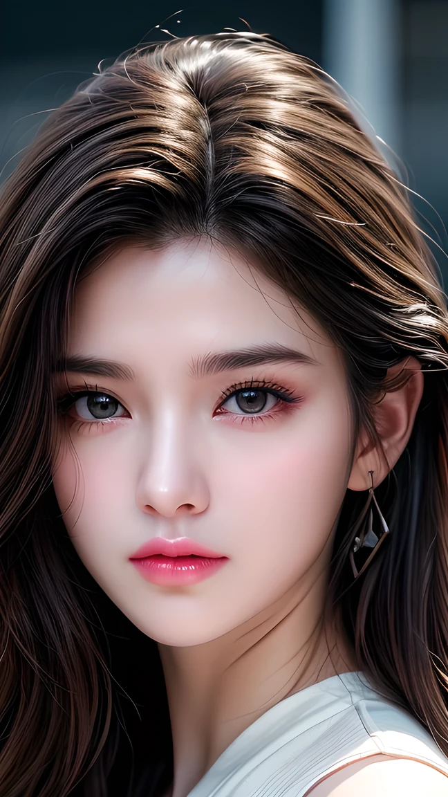Picture of a 30 year old European girl posing, born, beautiful woman, ( extra long wavy brown hair ), ((portrait)), ((Familiar Face:1.2)), ((familiar facial features)), (finely familiar skin), White Skin, ( White Skirt ), Cyberpunk urban environment , ( cool colorist , wet, reflection masterpiece ) (Perfect proportions)( realistic picture )( top quality combat bed) (familiar) , HDR, ( 8,000) (wallpaper) (movie light) ( Dramatic Lighting ) ( sharp focus) (complex)、((( facial close-up ))),climax的表情,climax。