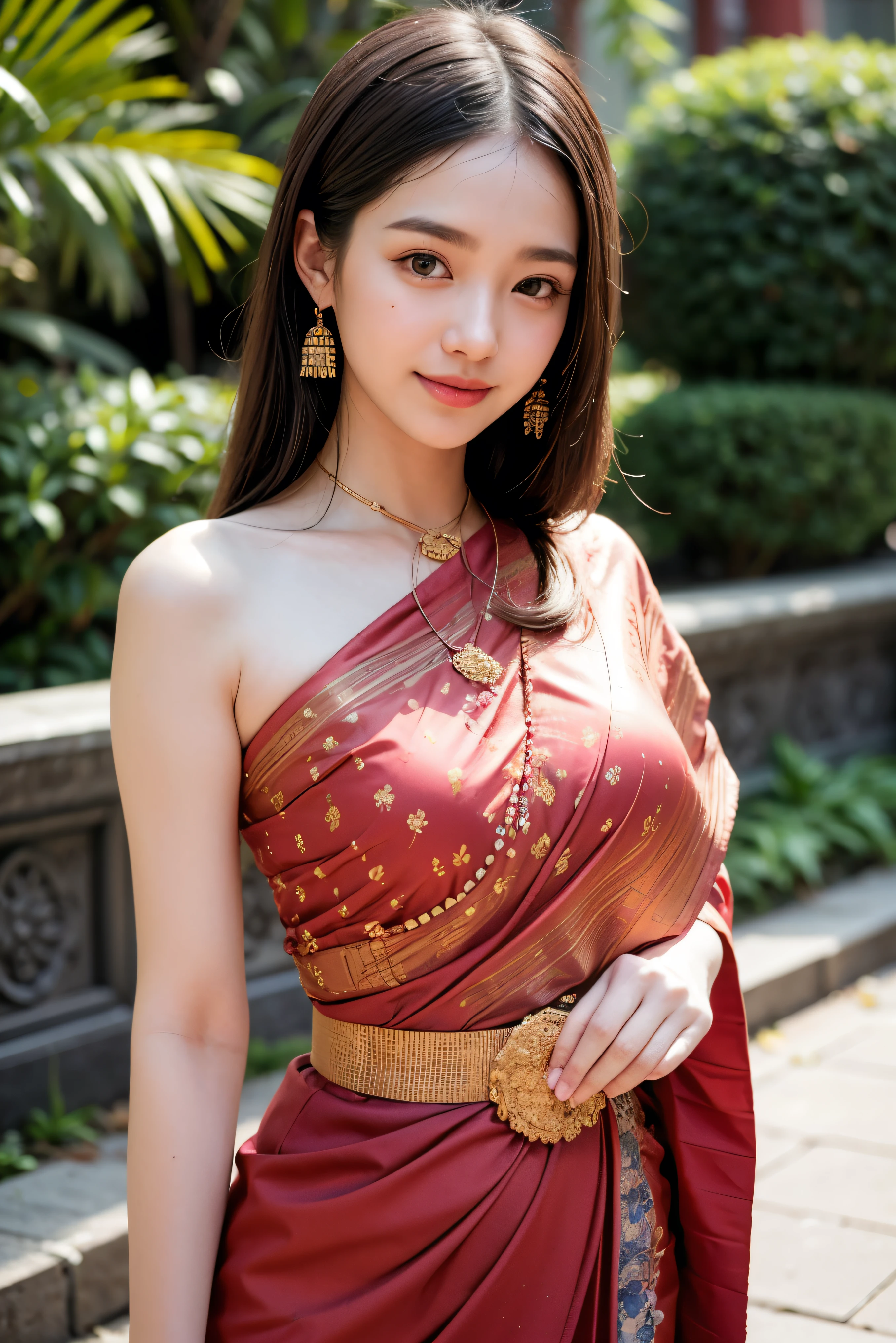 8K, ultra high detailed, an thai girl, cute face, happy, long hair, impressive hairstyle, detailed eyes, detailed lips, thai clothes, saree, red saree, lace, wearing jewellery, nature background, flowers, afternoon, shadow, clear weather, whole body capture, smile, nsfw
