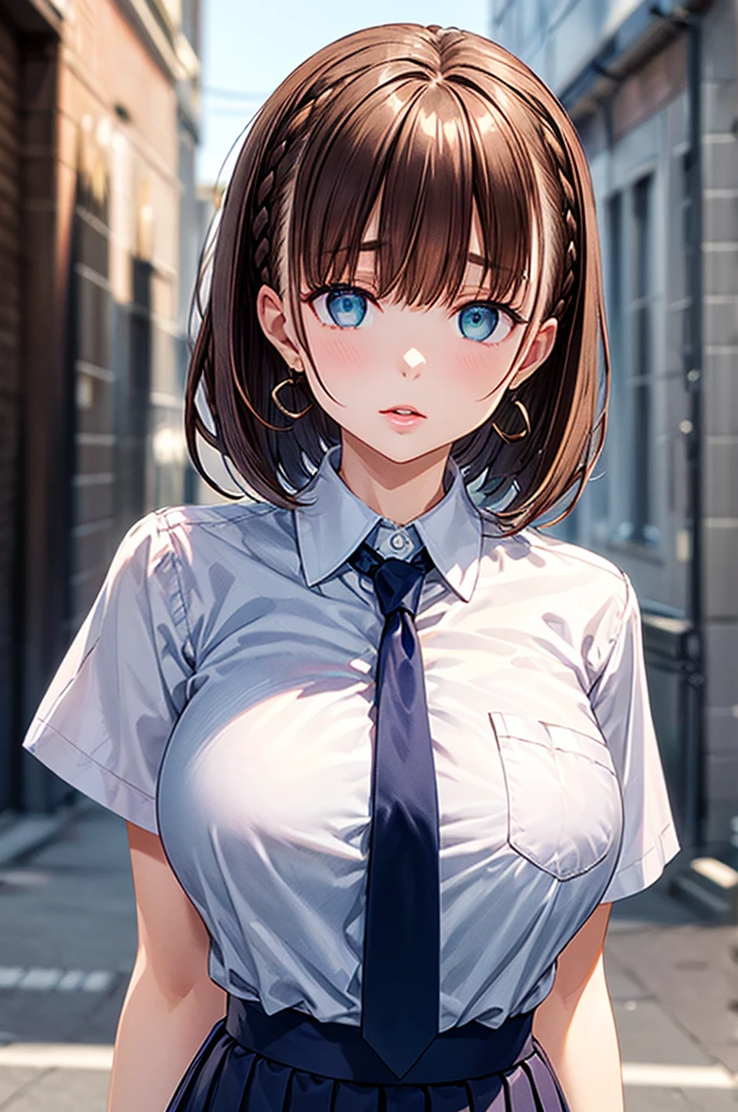 masterpiece, best quality, highres, 1girl, solo, bangs, blush, light makeup, glossy lips, highly detailed, illustration, aichan, blue eyes, short brown hair, side braid, large breasts, (white fishnets