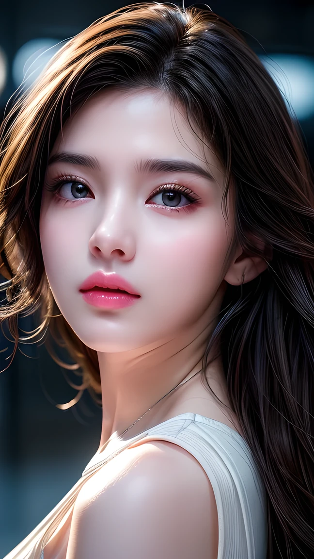 Picture of a 30 year old European girl posing, born,  beautiful woman, ( extra long wavy brown hair ), ((portrait)), ((Familiar Face:1.2)), ((familiar facial features)), (finely familiar skin),  White Skin, ( White Skirt ), Cyberpunk urban environment , ( cool colorist , wet,  reflection masterpiece ) (Perfect proportions)( realistic picture )( top quality combat bed) (familiar) , HDR, ( 8,000) (wallpaper) (movie light) ( Dramatic Lighting ) (  sharp focus) (complex)､((( facial close-up )))，climax的表情，climax。