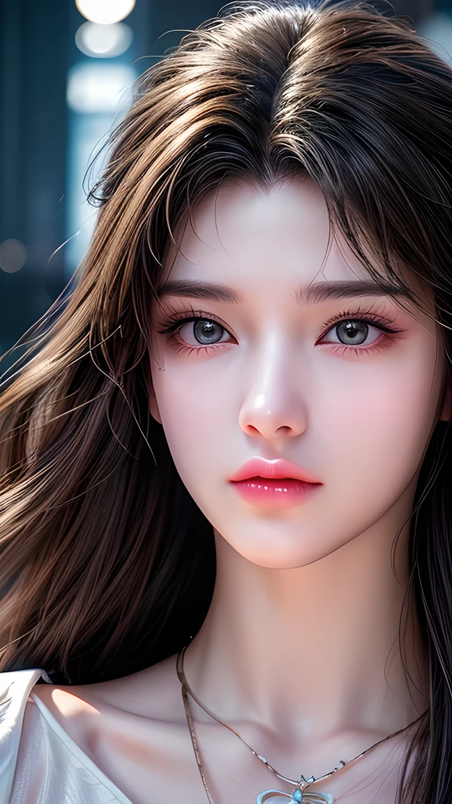 Picture of an 18 year old European girl posing, born, beautiful woman, ( extra long wavy brown hair ), ((portrait)), ((Familiar Face:1.2)), ((familiar facial features)), (finely familiar skin), White Skin, ( White Skirt ), Cyberpunk urban environment , ( cool colorist , wet, reflection masterpiece ) (Perfect proportions)( realistic picture )( top quality combat bed) (familiar) , HDR, ( 8,000) (wallpaper) (movie light) ( Dramatic Lighting ) ( sharp focus) (complex)、((( facial close-up ))),climax的表情,climax。
