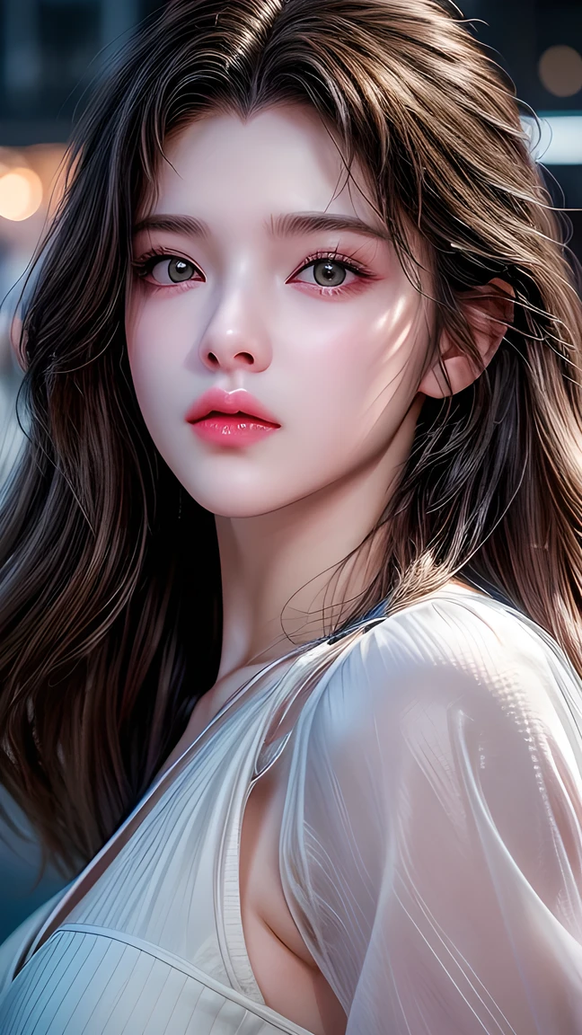 Picture of an 18 year old European girl posing, born, beautiful woman, ( extra long wavy brown hair ), ((portrait)), ((Familiar Face:1.2)), ((familiar facial features)), (finely familiar skin), White Skin, ( White Skirt ), Cyberpunk urban environment , ( cool colorist , wet, reflection masterpiece ) (Perfect proportions)( realistic picture )( top quality combat bed) (familiar) , HDR, ( 8,000) (wallpaper) (movie light) ( Dramatic Lighting ) ( sharp focus) (complex)、((( facial close-up ))),climax的表情,climax。