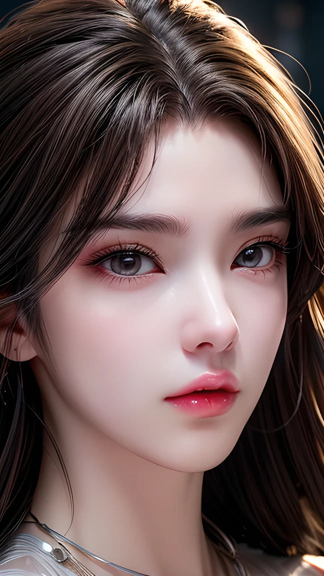  A photo of a 25 year old European girl posing, born,  beautiful woman, ( extra long wavy brown hair ), ((portrait)), ((Familiar Face:1.2)), ((familiar facial features)), (finely familiar skin),  White Skin, ( White Skirt ), Cyberpunk urban environment , ( cool colorist , wet,  reflection masterpiece ) (Perfect proportions)( realistic picture )( top quality combat bed) (familiar) , HDR, ( 8,000) (wallpaper) (movie light) ( Dramatic Lighting ) (  sharp focus) (complex)､((( facial close-up )))，climax的表情，climax。