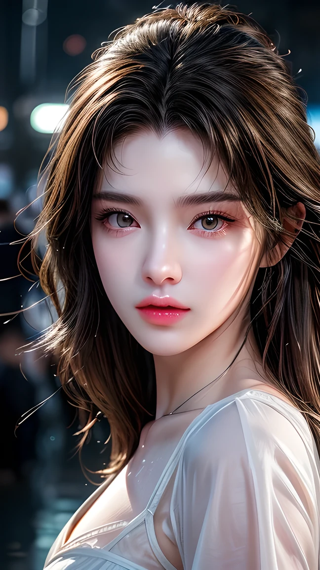 A photo of a 25 year old European girl posing, born, beautiful woman, ( extra long wavy brown hair ), ((portrait)), ((Familiar Face:1.2)), ((familiar facial features)), (finely familiar skin), White Skin, ( White Skirt ), Cyberpunk urban environment , ( cool colorist , wet, reflection masterpiece ) (Perfect proportions)( realistic picture )( top quality combat bed) (familiar) , HDR, ( 8,000) (wallpaper) (movie light) ( Dramatic Lighting ) ( sharp focus) (complex)、((( facial close-up ))),climax的表情,climax。