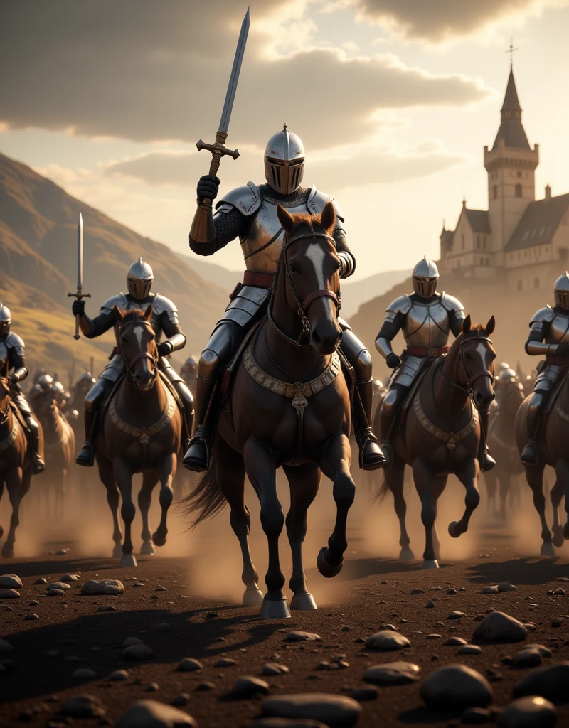 There's a lot of people riding with spears, Dale Keown and Greg Rutkowski, commercial photo, red flags, Anne Stokes style, knight armor, shot with anamorphic lenses, patriotic, PC screenshot, gondor, reckless cohort, kit bash, inspired by Henricus Hondius II