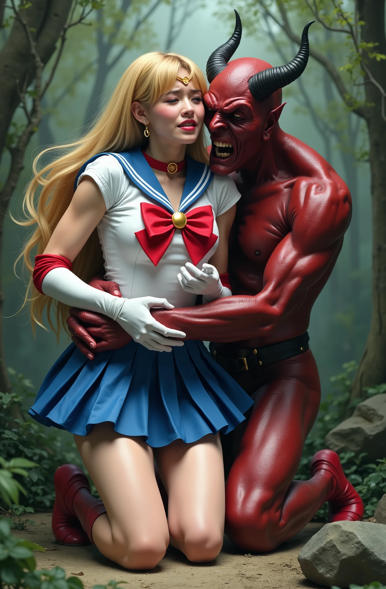 Hyperrealism, masterpiece, highest quality, A young Japanese woman is sitting on the devil lap, ((she is crying and screaming in pain)), painful face, she is wearing a Sailor Moon costume, Blue sailor collar, Blue mini pleated skirt, she is wearing pleated skirt, blue pleated skirt, Long white gloves, shiny beige color pantyhose, red high boots, Exposed thighs, red long boots, big choker, long blonde Hair, a devil is kneeling sexual assault her, the devil is hugging her and touching her crotch, the girl push his hand out, in the jungle,