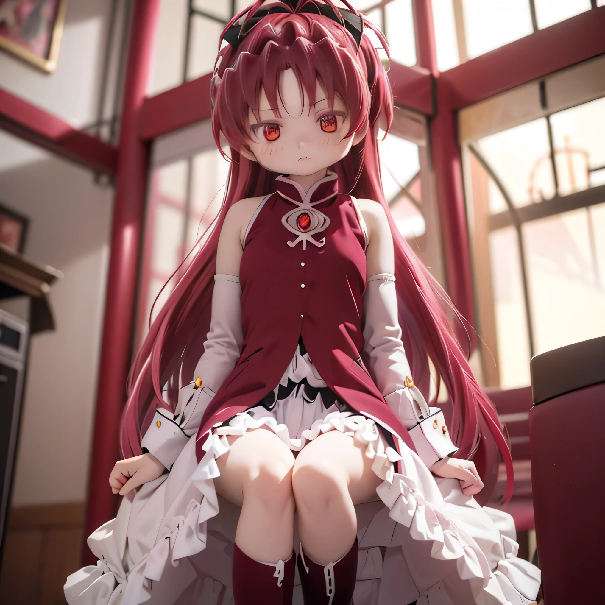 exhaustive, beautiful woman with impressive eyes , perfect face, , Attention to exhaustive , anime style , bright color, cute, Guste , curvy and plump body , poor when worn、 Sit on a chair、sexy pose ,Sakura Kyoko's hairstyle 、cute