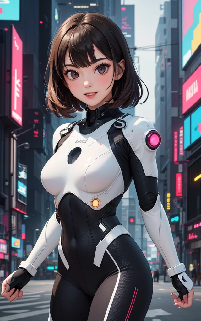 ((Sci-fi plug suit with realistic neon lightetal mechanical parts)),, skinny, solo, 1 woman, Masterpiece, highest quality, highest quality, 16K, incredibly absurd, highly detailed, 2.5D, ai-generated, delicate and dynamic, very delicate facial expressions, delicate eye depiction, erotic, only sexy woman, ((A cute and kind face)), healthy figure, ((25-year-old woman)), 160cm tall, medium firm swaying bust, black eye, blush, Sweat,Embarrassed,sexy, ((thin thighs)), shiny and lustrous, Dynamic poses, sexy poses, (A bright sci-fi background, set in a futuristic city), (camel toe:0.5), (Erect nipples,:0.5), sit,