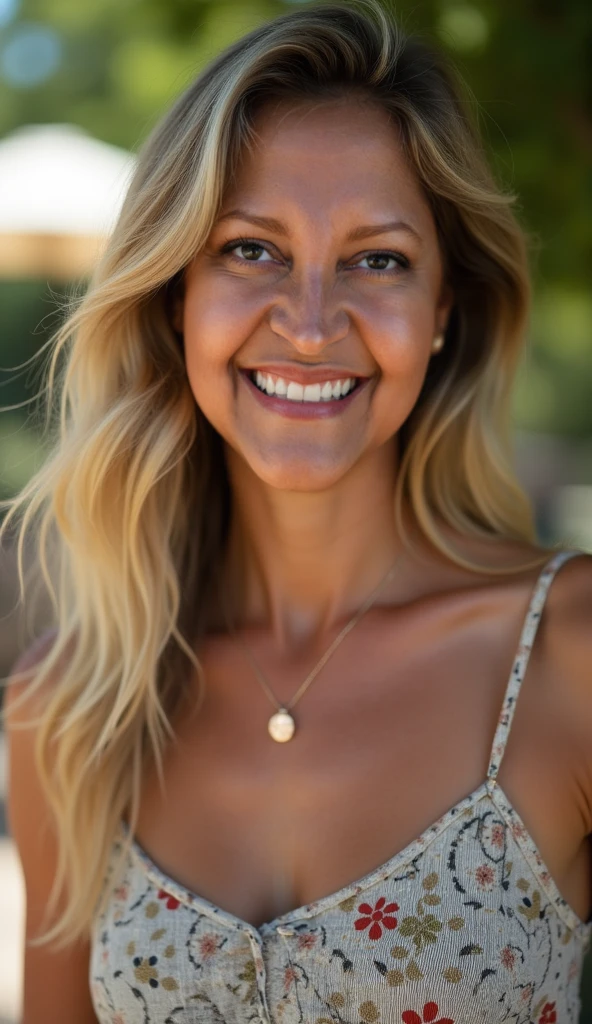 Femme 20 ans blonde avec des boucles anglaise au yeux marros verts et tâches de rousseurs elle porte un crop top noir sur l’image elle se prends en photo et le fond c’est un jardin
