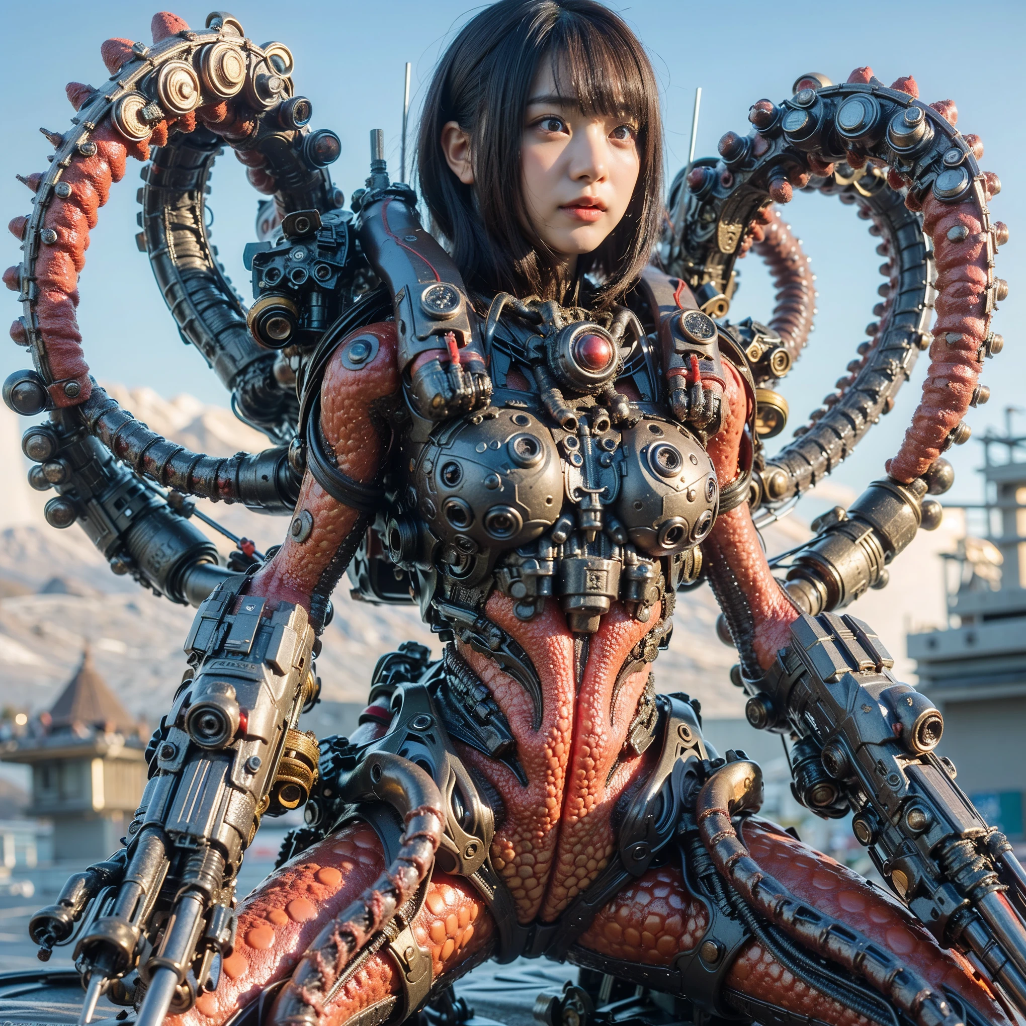 (Completely live action:1.37), (xtremely realistic textures:1.37), (masterpiece, best quality:1.2), (8k uhd, 16k, 32k, ultra high res), amazingly realistic skin, amazingly realistic photo, superrealism, (photorealistic:1.37), (RAW photo), extremely realistic, (extremely realistic all details), (extremely realistic all textures), extremely realistic lighting, extremely realistic shadow, (japanese girl:1.5), ((young face)), smiling, happy, extremery realistic face, extremely realistic skin, extremely realistic eyes, extremely realistic background, extremely realistic detail up, kkw-ph1, ((extremely intricate details, mechanical armor, Blood vessels, muscle fibers, skeleton))