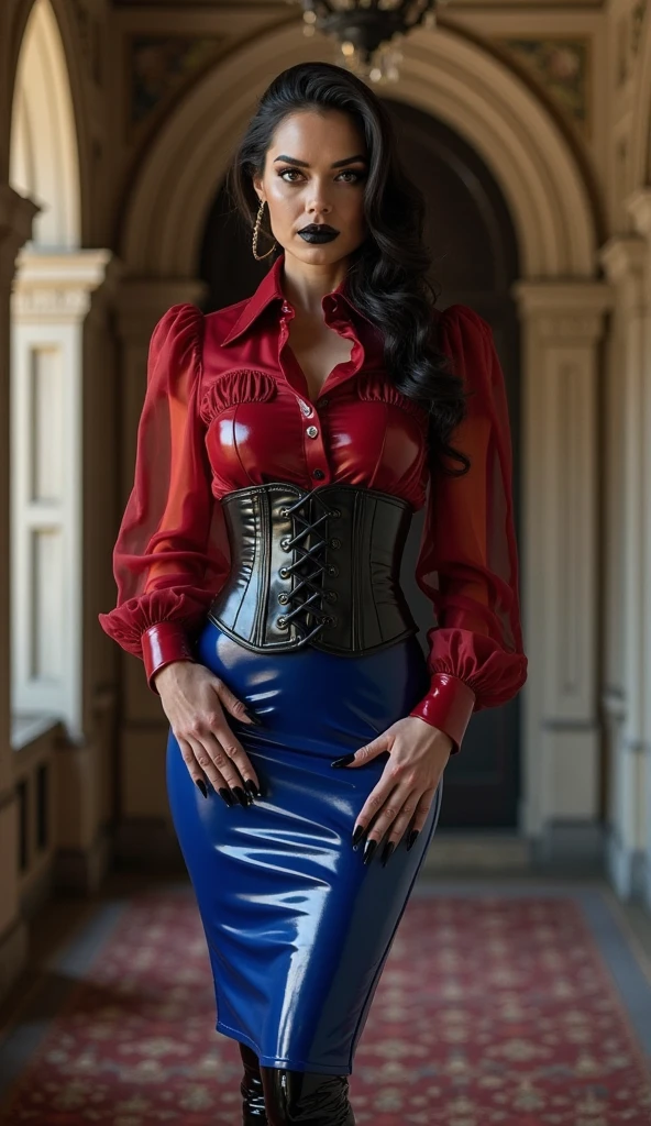 ((best quality)), ((Masterpiece)), (4k details), ((Old Asian woman)), ((Age 70)), (((See the whole body from head to toes.))), Plump body, tight red latex leggings, white cotton dress shirt, (purple leather waist corset), Big muscles, Twintail hairstyle, Eyes on the camera, red lips, Wear glasses,