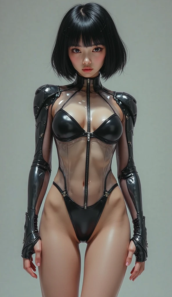 full body, NSFW, (Best Quality, 8k, Masterpiece:1.3), black iron man powered suit, Crisp Focus: 1.2, powered suit, skinny thighs, flat breasts (slender waist:1.2), (Slender Abs:1.2), Wet Body:1.5, Highly Detailed Face and Skin Texture, Detailed Eyes, Double Eyelids,short Hair, show tits, pin heels, high heels