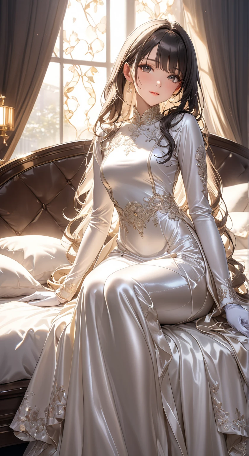 Portraiture、(masterpiece,Highest quality,Ultra-high resolution),Japanese women, (((Very beautiful 25 year old girl)))、(She is wearing a shiny light silver satin long sleeve maid outfit..)、The dress has a simple design without any patterns...、(((A long skirt made of pale silver satin.)))、Pale silver satin gloves、((Pale silver satin bodysuit))、Lying on a satin bed
