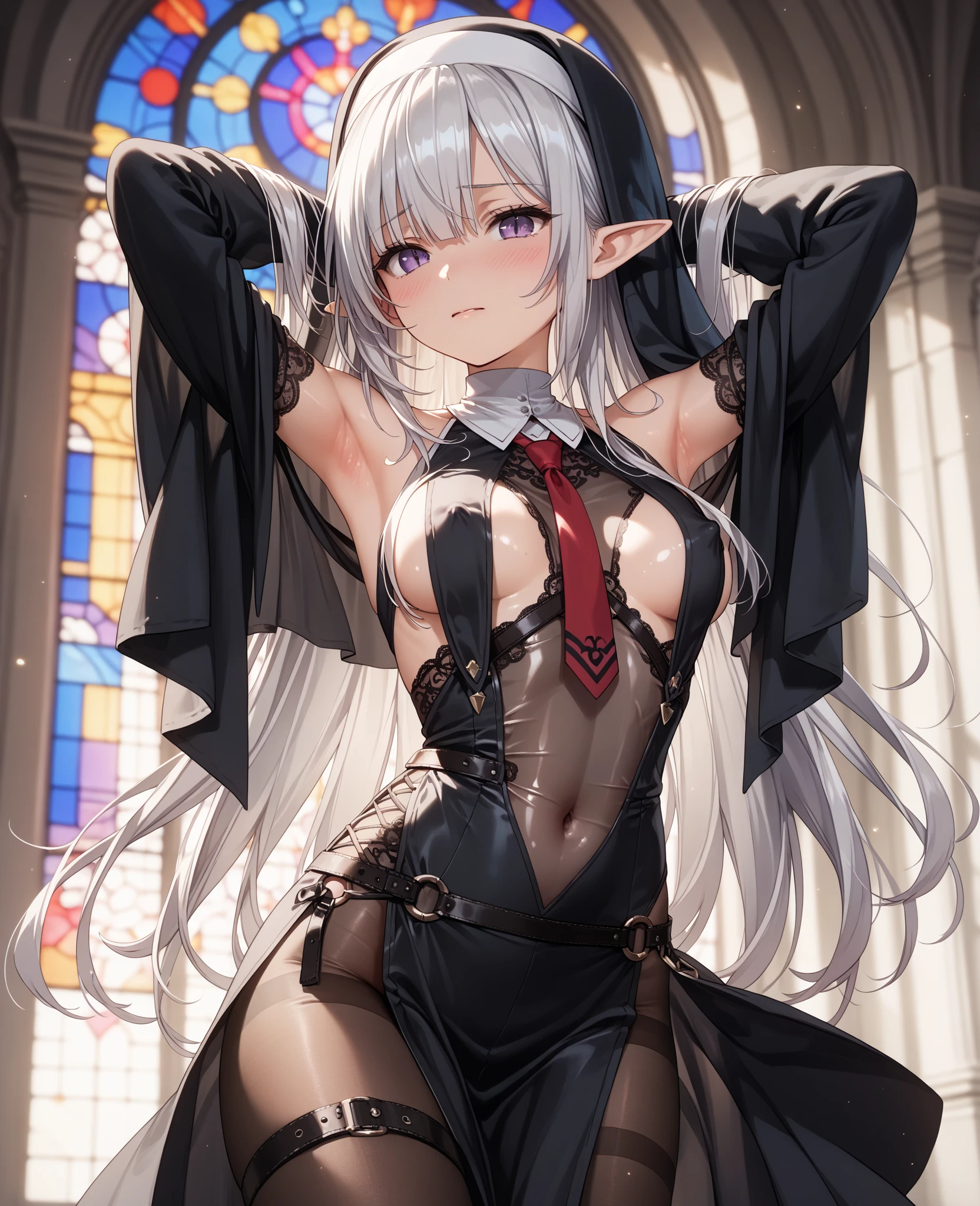 ((Masterpiece, Best Quality)), 1 girl, adult, 25 years old, long white hair, (green eyes), detailed eyes, bright skin, Fragile physical, white clothing, Detailed clothing, dark room, Detailed room, earrings in ears, I look at the viewer, blush on cheeks, calm face, wolf white ears and tail, Erotic clothing, small breasts, detailed small nipples, detailed clothing fabric, NSFW, ((Sakimical Frank Franchetta, Heise Jinyao)), delicate, elegant, feminine 