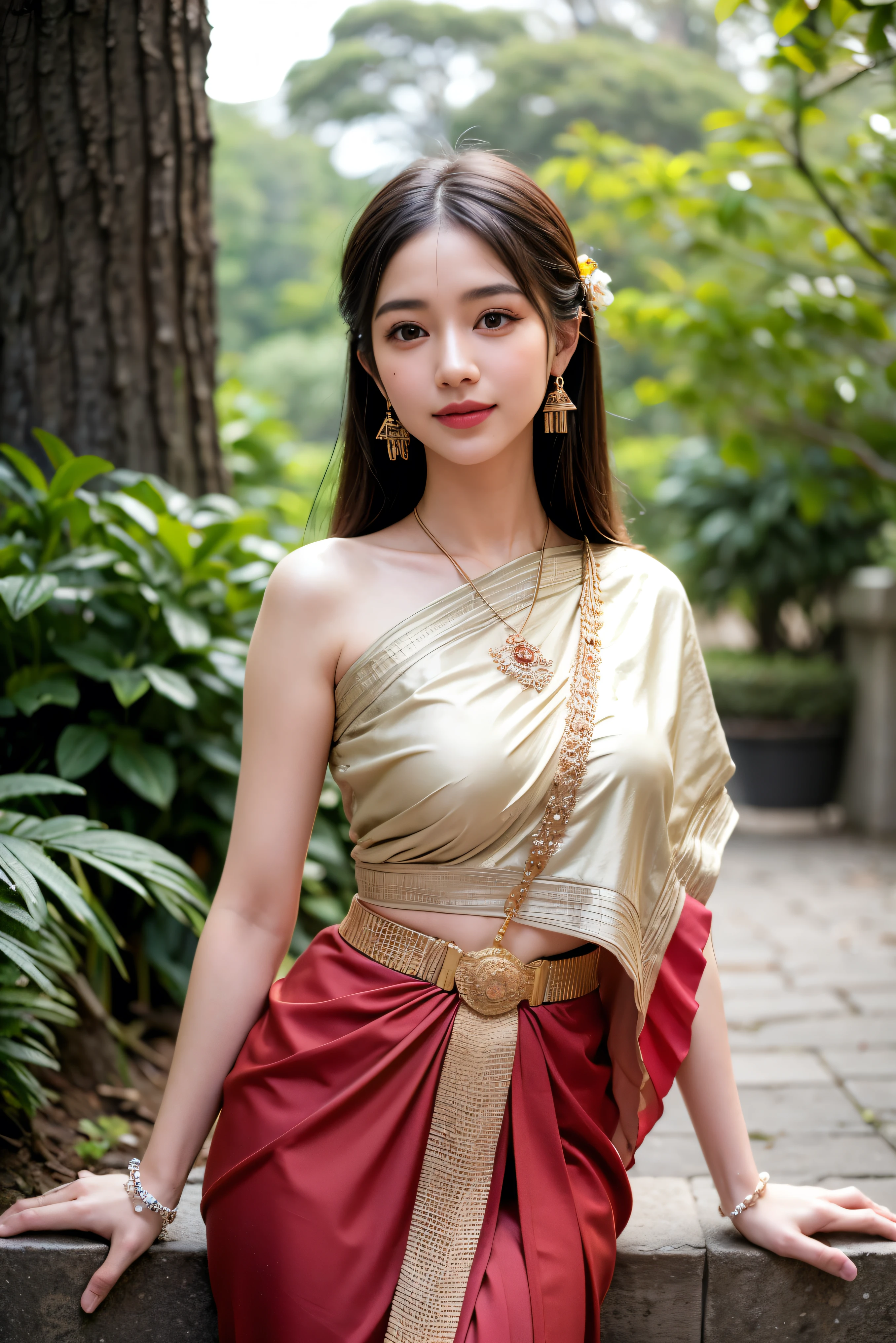 8K, ultra high detailed, an thai girl, cute face, happy, long hair, impressive hairstyle, detailed eyes, detailed lips, thai clothes, saree, red saree, lace, wearing jewellery, nature background, flowers, afternoon, shadow, clear weather, whole body capture, smile, nsfw