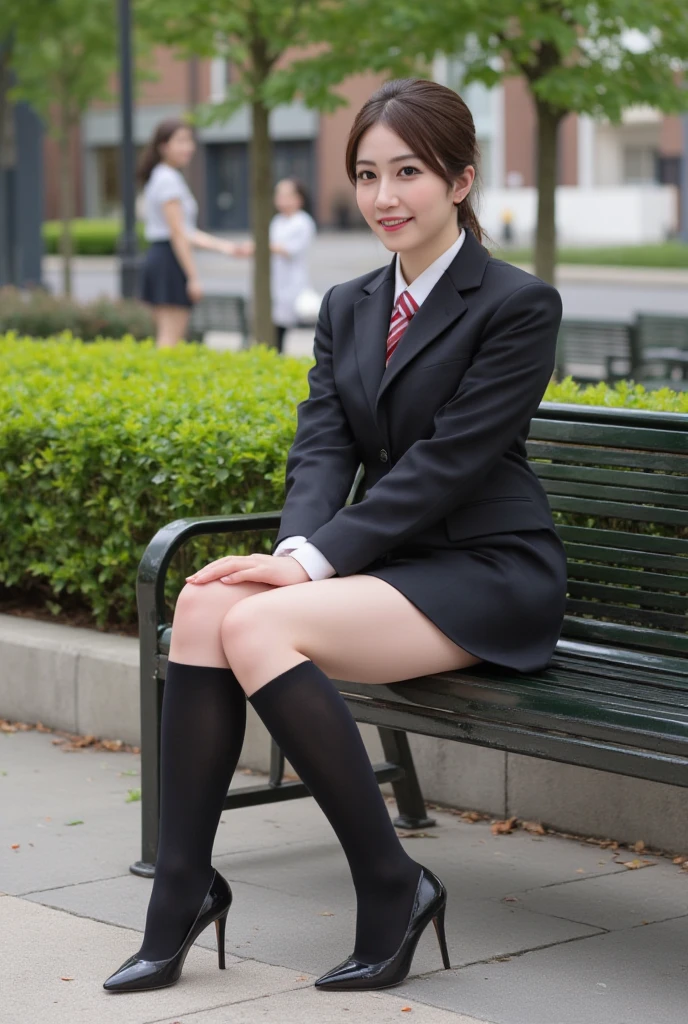 Best quality, full body portrait, delicate face, pretty face, 20 year old woman, teen, short black hair, slim figure, large bust, medium breasts, black stockings with dots, OL uniform, office clothes, black shoes, outdoor scene, squat, white panties, smile,