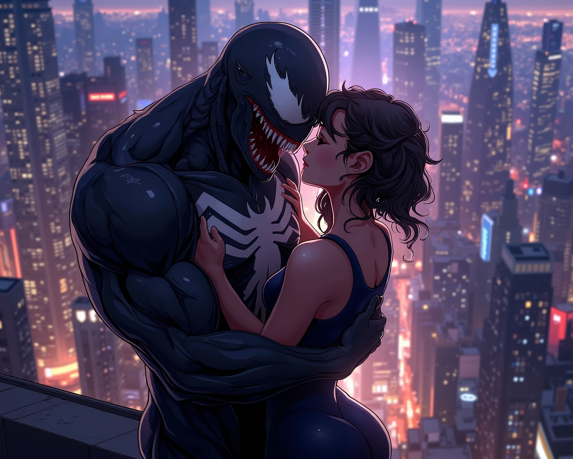 Back View Of Venom hugging a girl on top of a skyscraper,The ending nuance of the film, Looking down on the city full of lights,Cinematic lighting, realistic images,Like real,Intricate detailed drawings,A masterpiece,High Resolution, Masterpiece, Anatomically Correct, Award Winning, Best Quality, High Details, High Quality, Quality,8k,Depth Of Field, Cinematic Lighting, Reflection Light, 3D Rendering, 8K Octane, Character Design, Cinematic, Cinematography, Digital Art, Hyperdetailed, Hyperrealism, Unreal Engine,