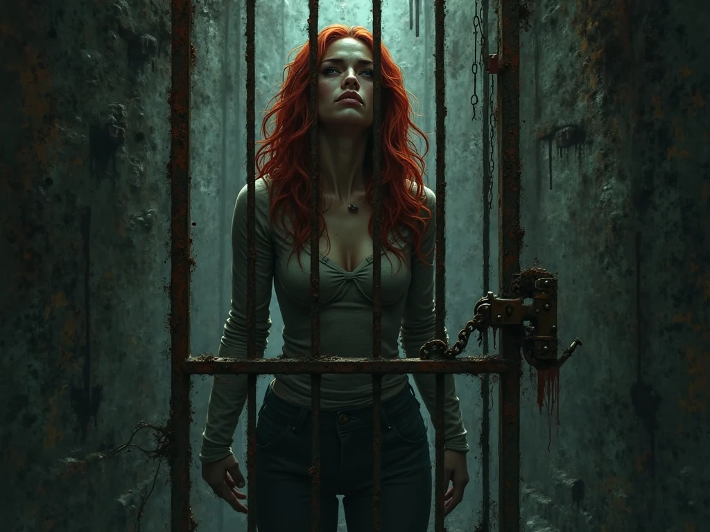 Redhead woman tied with chains in the darkness alone