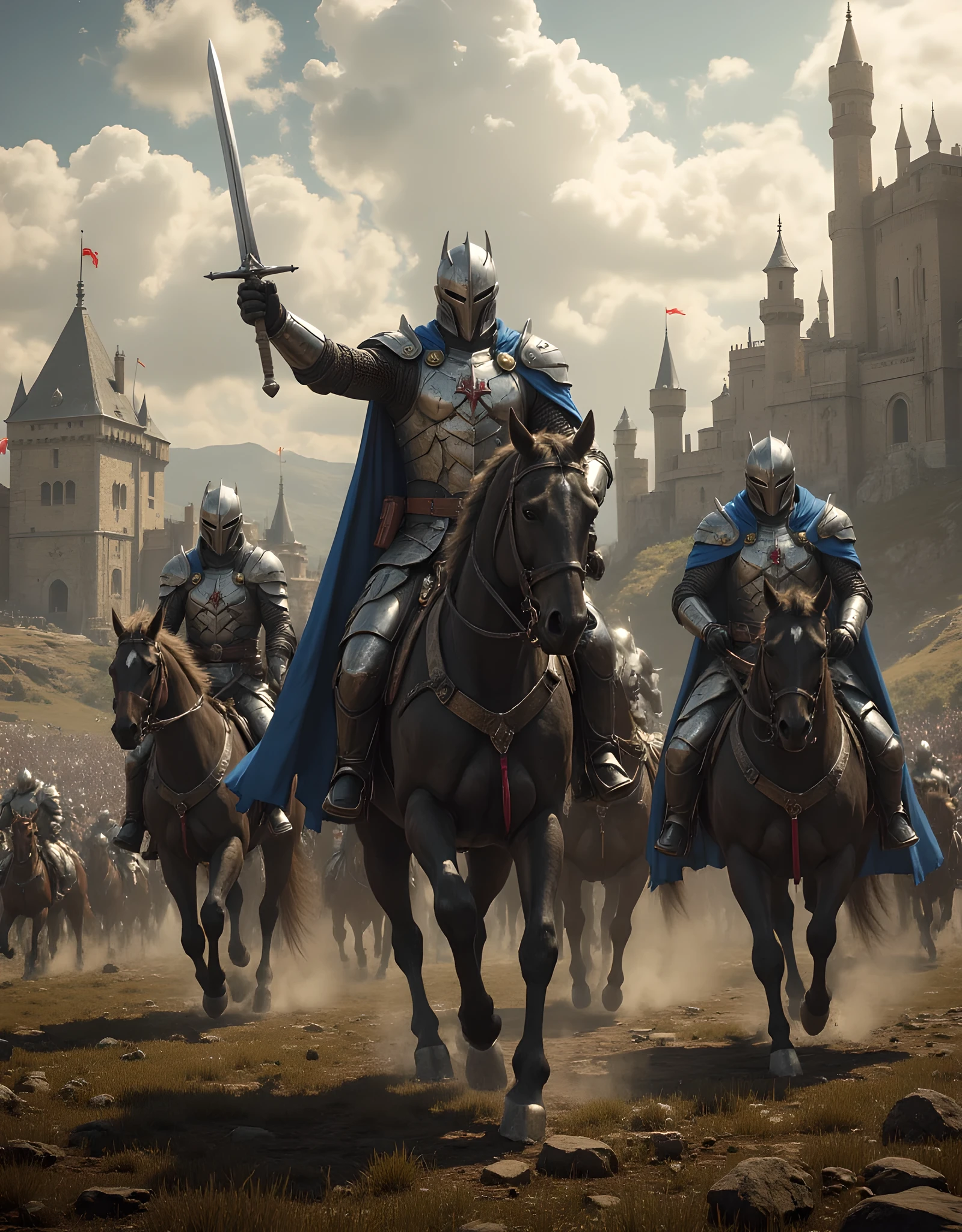 **Prompt:** Create a hyper-realistic panoramic image set in a medieval age where passionate french king guarded by blue cape knight cavalry units, they are marching forward into battlefield. Focus on the intricately detailed medieval armored french king and the broad swords held by the mounted horse king knight. The composition should utilize a symmetrical balance with central leading lines that draw the viewer's eye into the dynamic action. Incorporate various mixed lighting elements to enhance the dramatic atmosphere, capturing the essence of the ancient era. Utilize Unreal Engine 5 to achieve ultra-realistic textures, ensuring depth in the scenery, and convey the powerful energy of the cavalry charge. Aim for a wide-angle cinematic shot that provides a breathtaking view of the battleground with a backdrop of imposing castles and an expansive landscape.