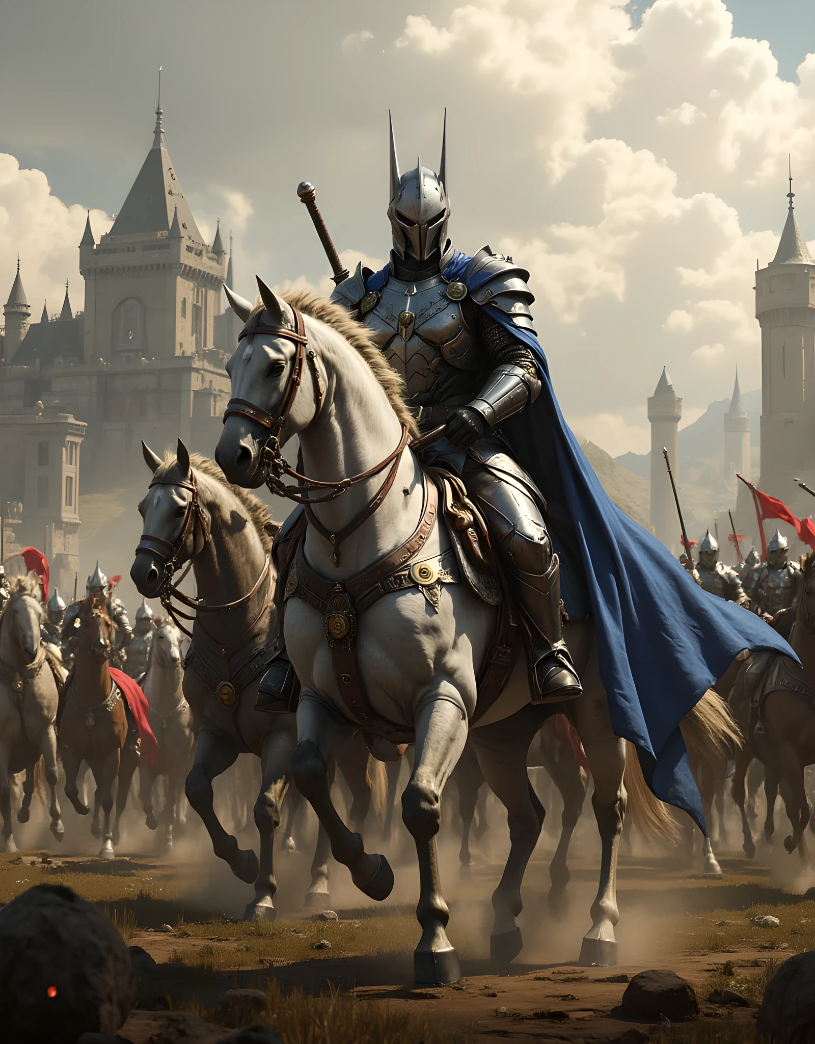 **Prompt:** Create a hyper-realistic panoramic image set in a medieval age where passionate french king guarded by blue cape knight cavalry units, they are marching forward into battlefield. Focus on the intricately detailed medieval armored french king and the broad swords held by the mounted horse king knight. The composition should utilize a symmetrical balance with central leading lines that draw the viewer's eye into the dynamic action. Incorporate various mixed lighting elements to enhance the dramatic atmosphere, capturing the essence of the ancient era. Utilize Unreal Engine 5 to achieve ultra-realistic textures, ensuring depth in the scenery, and convey the powerful energy of the cavalry charge. Aim for a wide-angle cinematic shot that provides a breathtaking view of the battleground with a backdrop of imposing castles and an expansive landscape.